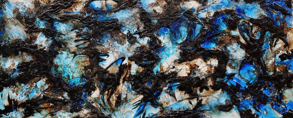 240cm x 100cm Blue Black Textured Abstract Painting - Modern Wall Art for Living Room, Bedroom & Office Decor | Ice Over Licorice Inspired Design