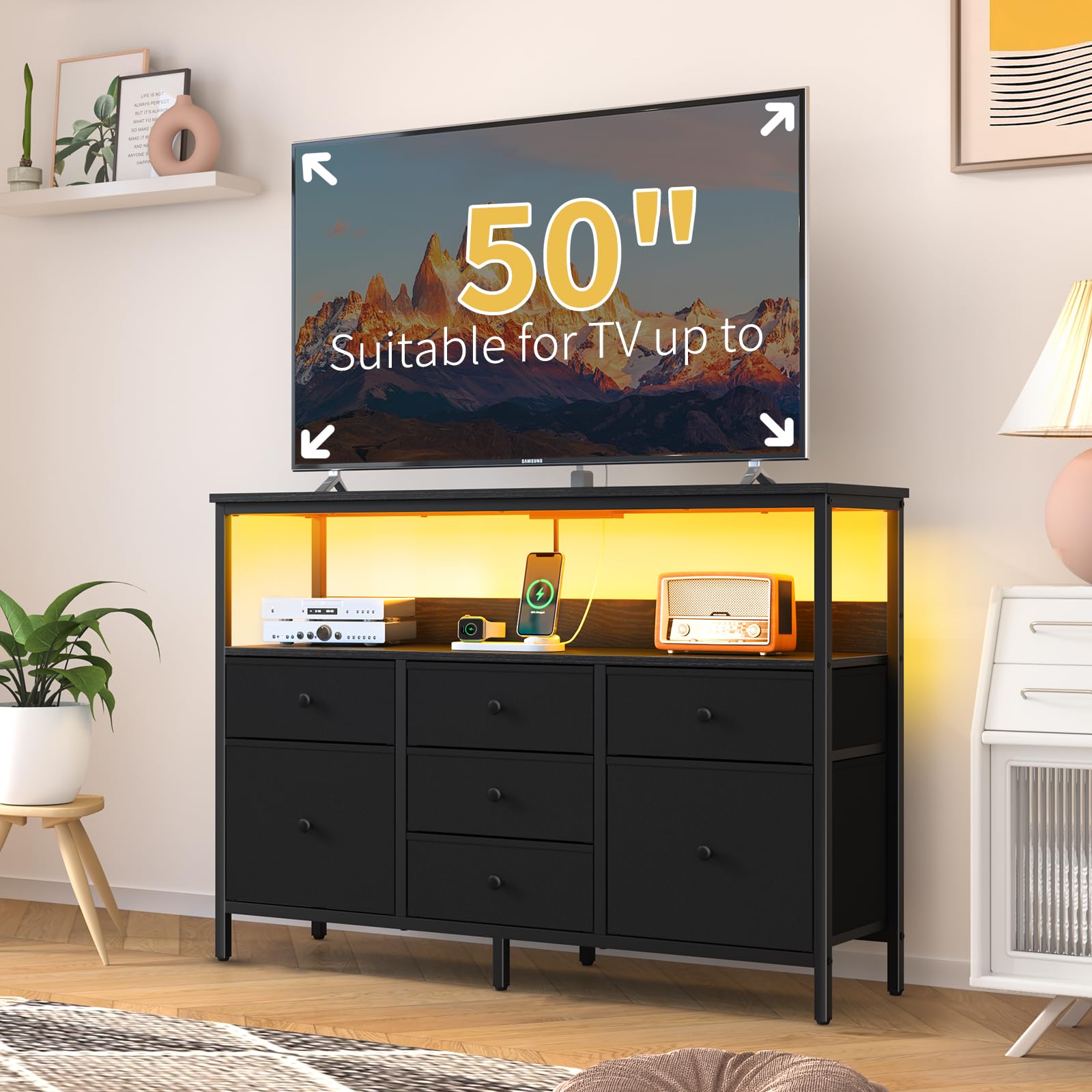 Yoobure 50 Inch LED TV Stand with Power Outlets - 7 Drawer Kids Dresser & Entertainment Center with Storage Shelf - Modern TV Console for Bedroom, Living Room | Perfect for Small Spaces, Gaming Setup & Media Storage
