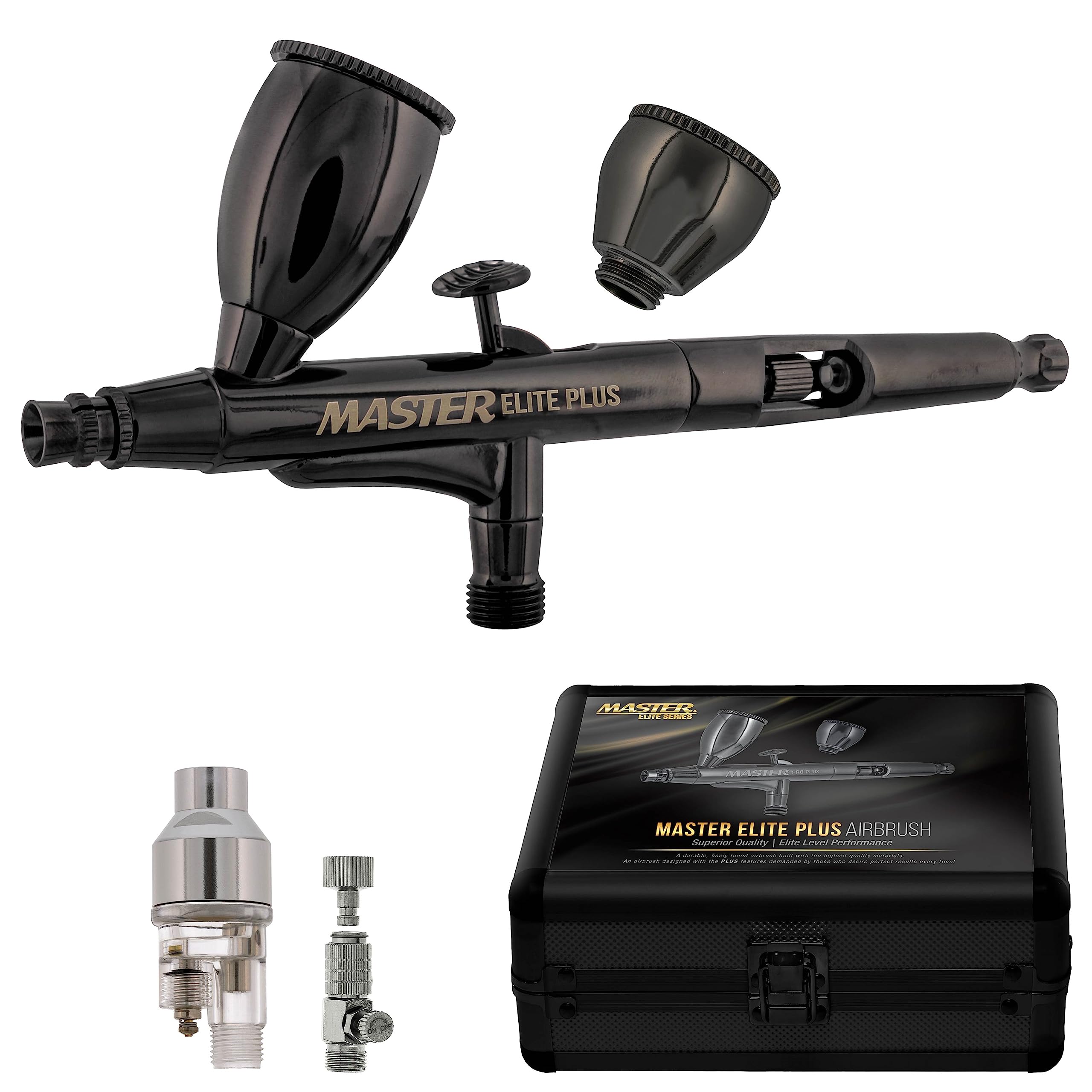Master Elite Plus Airbrush Kit - Professional Dual-Action Gravity Feed Airbrush Set with 0.3mm Nozzle, 2 Paint Cups, Case & Filter - Perfect for Auto Painting, Graphic Arts, Cake Decorating, Tattoo Practice & Craft Projects