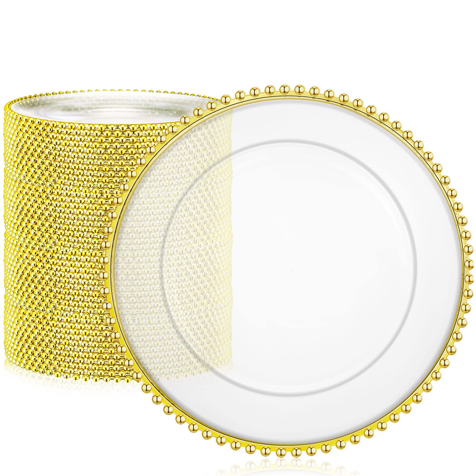 50 Pcs Clear Plastic Charger Plates 13 Inch - Round Beaded Rim Dinner Plates for Wedding, Birthday, Bridal Shower Party - Gold Decorative Tableware for Home & Kitchen Use