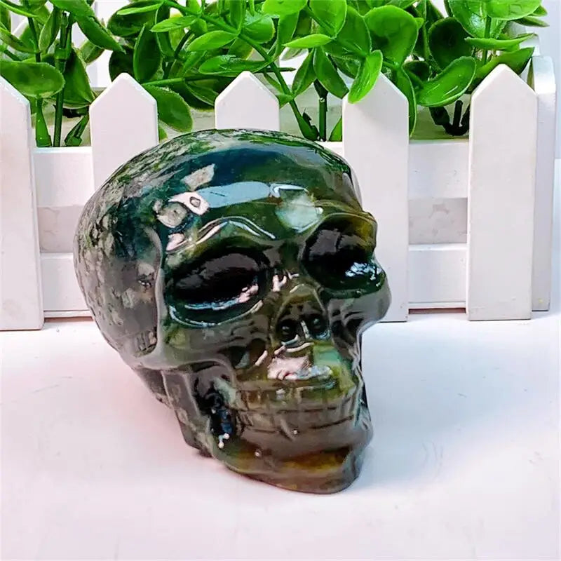 9CM Natural Moss Agate Skull Crystal Carving - Healing Energy Stone for Meditation, Reiki & Spiritual Decor - Unique Halloween Gift & Home Decoration (1PC) - Perfect for Altars, Yoga Spaces & Gothic Decor