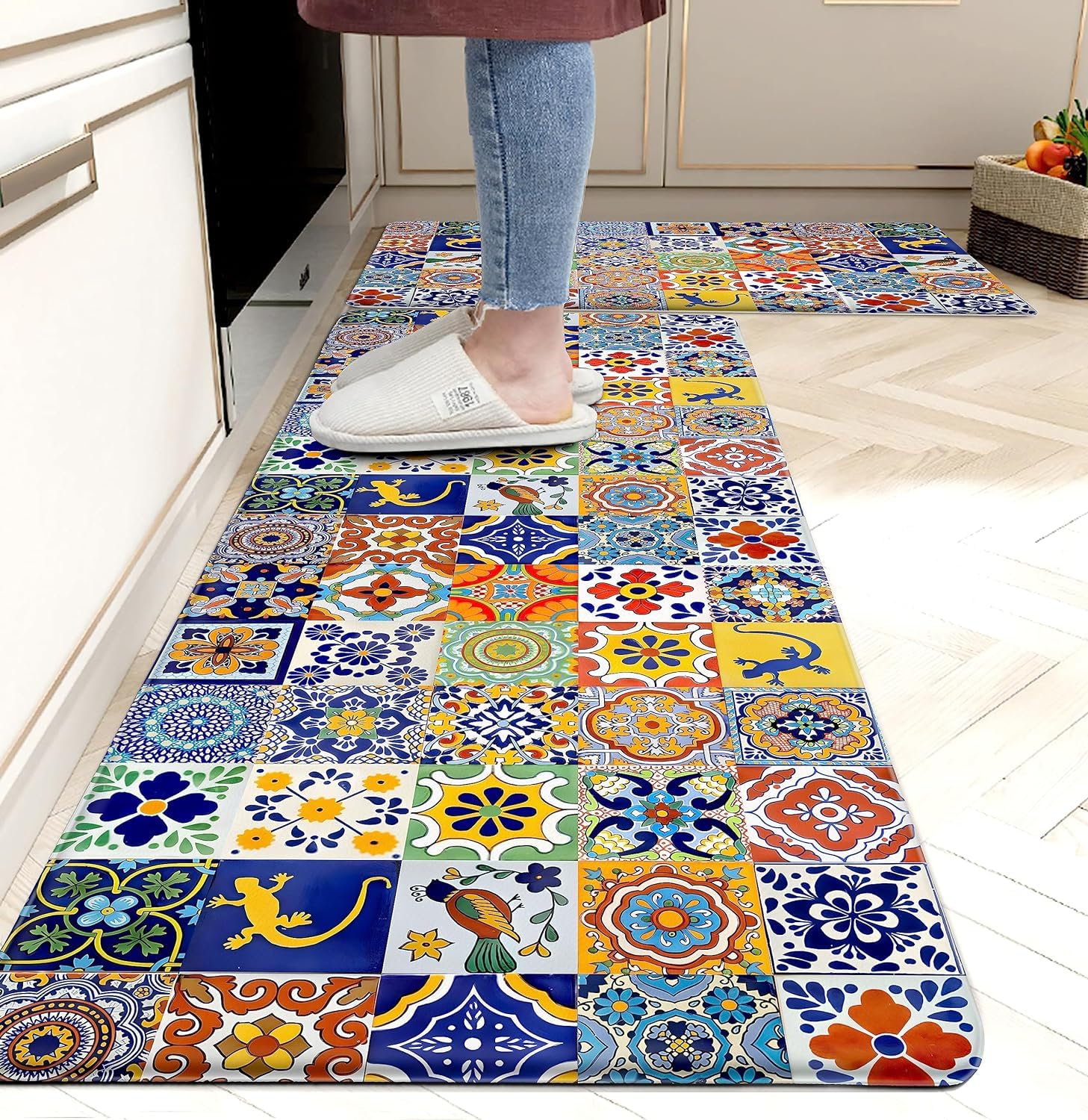 **Weesire 2-Piece Boho Kitchen Rugs Set – Memory Foam Anti-Fatigue Non-Slip PVC Runner Mats, Water & Oil Proof Floor Carpet for Kitchen, Laundry, Sink (17.3x28 + 17.3x47 Inch) – Perfect for Farmhouse, Apartment & High-Traffic Areas**
