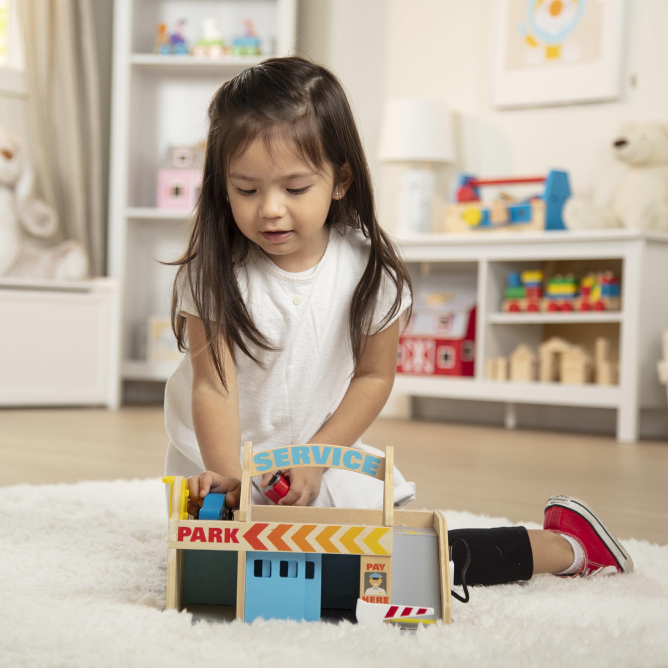 Melissa & Doug Wooden Service Station Parking Garage Toy Set with 2 Cars & Drive-Thru Car Wash - Perfect for Kids Pretend Play & Early Learning (SIOC)