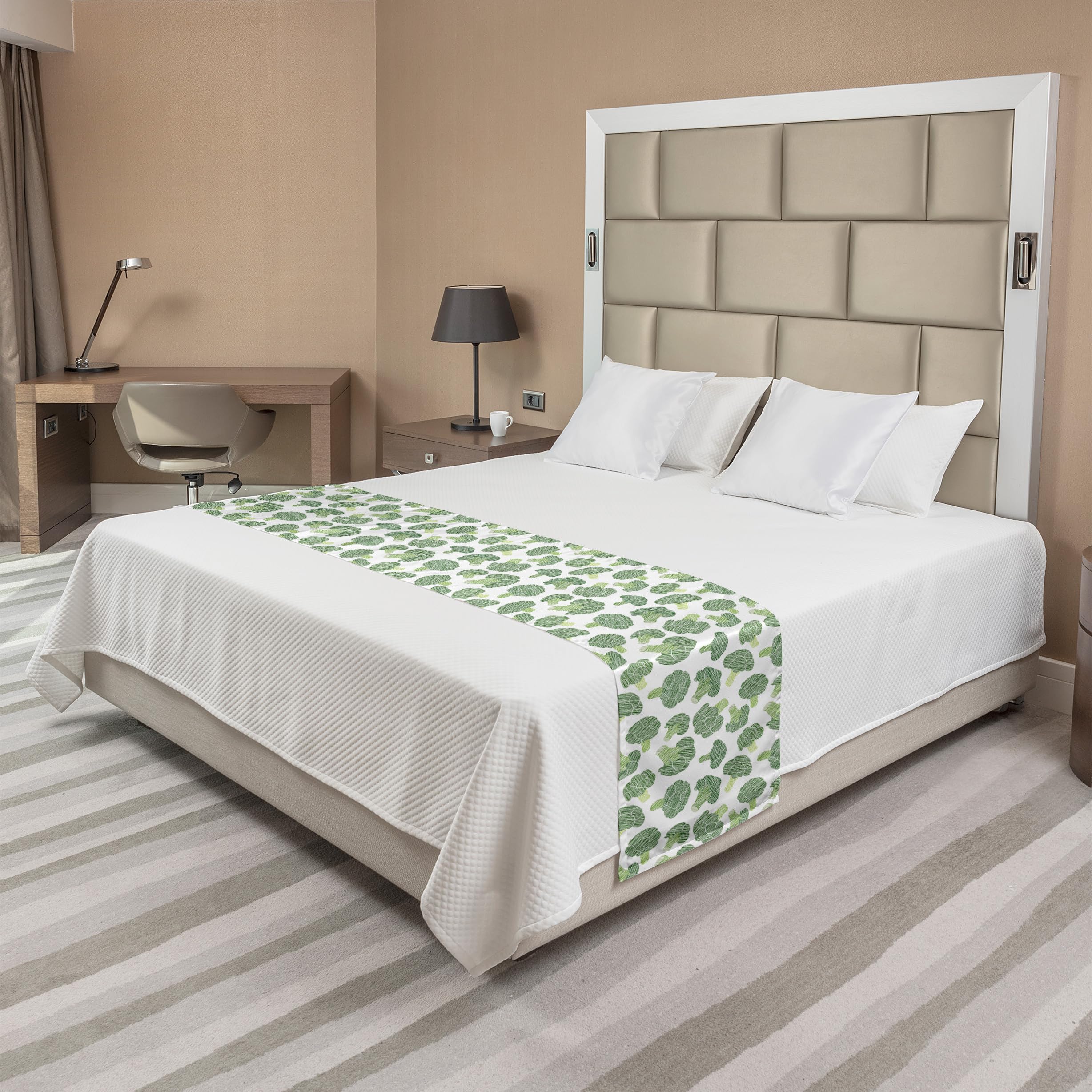 Ambesonne Vegetables Bed Runner - Continuous Food Pattern with Sketchy Hatched Broccoli Print, Decorative Bed Scarf for Home, Hotel & Guest Room Decor - Fern Green & Pale Green - Perfect for Farmhouse, Kitchen & Garden Themed Bedrooms