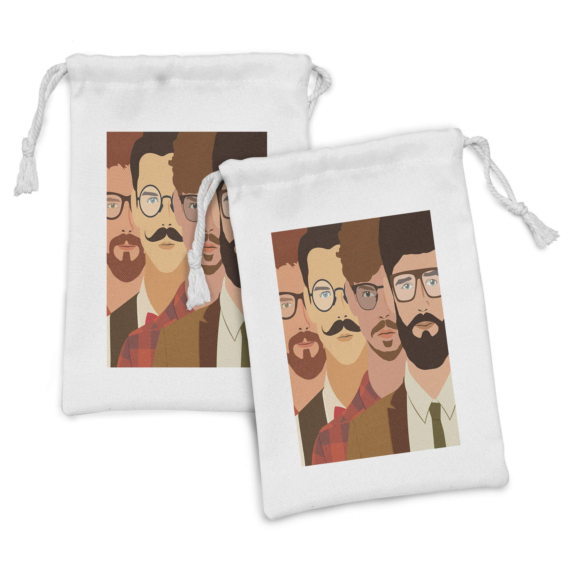 Ambesonne 2-Pack Fabric Drawstring Pouch Set - Hipster Cartoon Design with Mustache & Glasses, 9