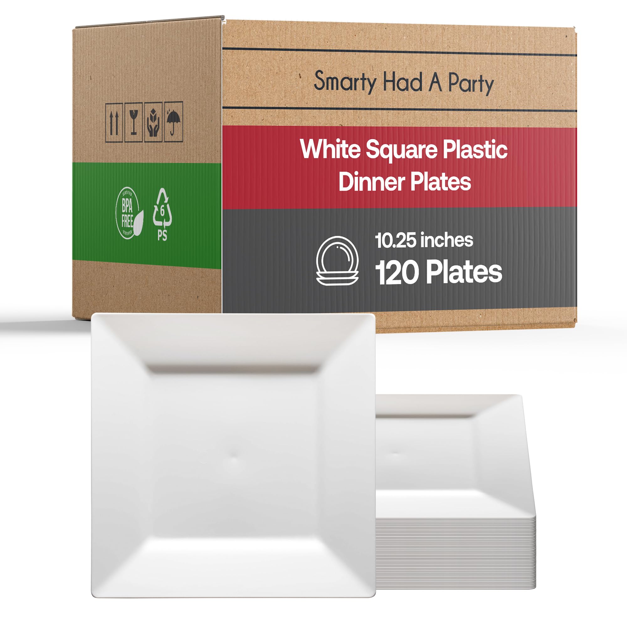 Smarty Had A Party 120-Pack Elegant Disposable Plastic Dinnerware Set - 10.25 Inch Heavy Duty White Square Plates for Weddings, Birthdays & Special Events - Durable Party Supplies for Catering, Picnics & Holiday Gatherings