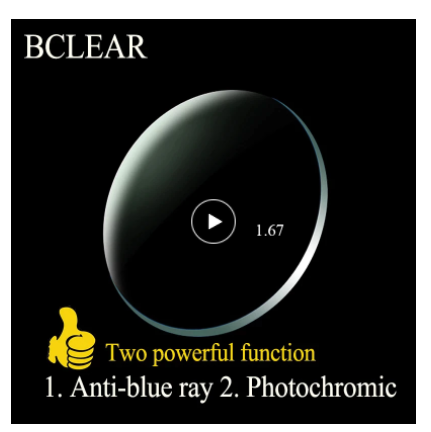 BCLEAR 1.67 High Index Aspheric Photochromic Anti-Blue Light Lenses for Myopia (SPH 0.00-12.00, CYL 0-2.00) - Gray Color - Perfect for Outdoor Activities & Digital Screen Protection