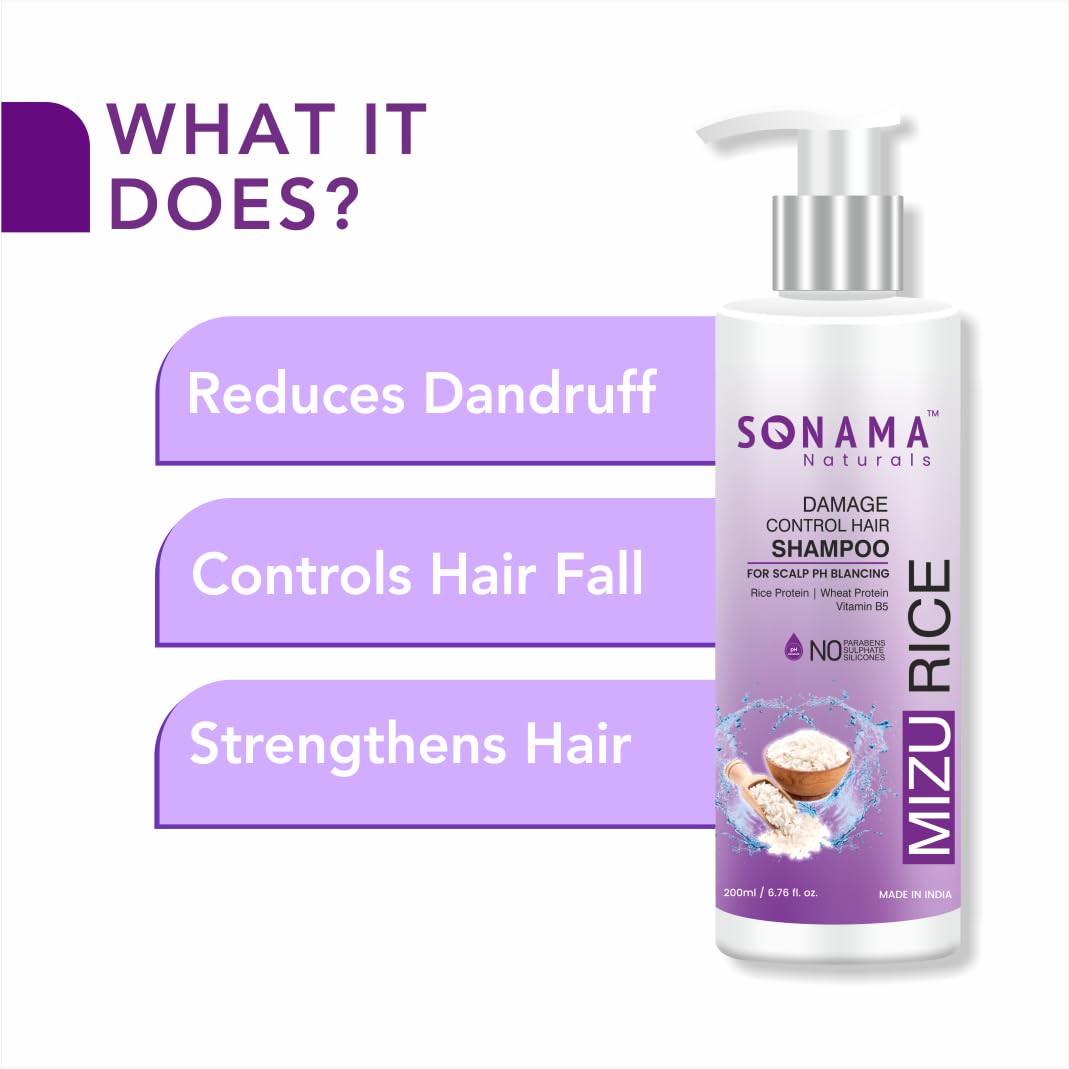 Sonama Naturals Mizu Rice Water Shampoo for Dry, Frizzy & Curly Hair - Organic Dandruff Control & Hair Growth Treatment with Rice & Wheat Protein - Sulfate & Paraben Free Scalp Balancing Shampoo (200ml) - Perfect for Daily Hair Care & Scalp Nourishment