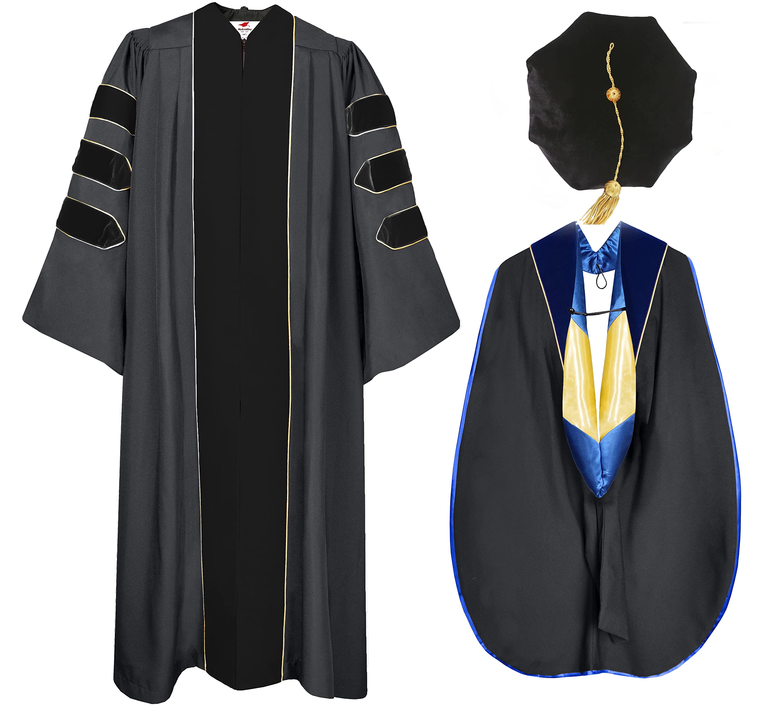 MyGradDay Deluxe Graduation Doctoral Gown, Hood & 8-Side Tam Set - Premium PhD Graduation Attire for Commencement Ceremonies & Academic Events