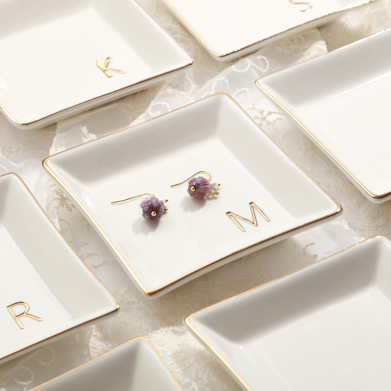 Personalized M-Monogrammed Ceramic White Ring Holder Jewelry Tray - Perfect Engagement, Wedding, Bridesmaid Gift for Bride, Mom, Sister & Friends - Ideal for Birthday, Christmas & Special Occasions - Stylish Jewelry Organizer for Vanity, Dresser & Bathroom Decor