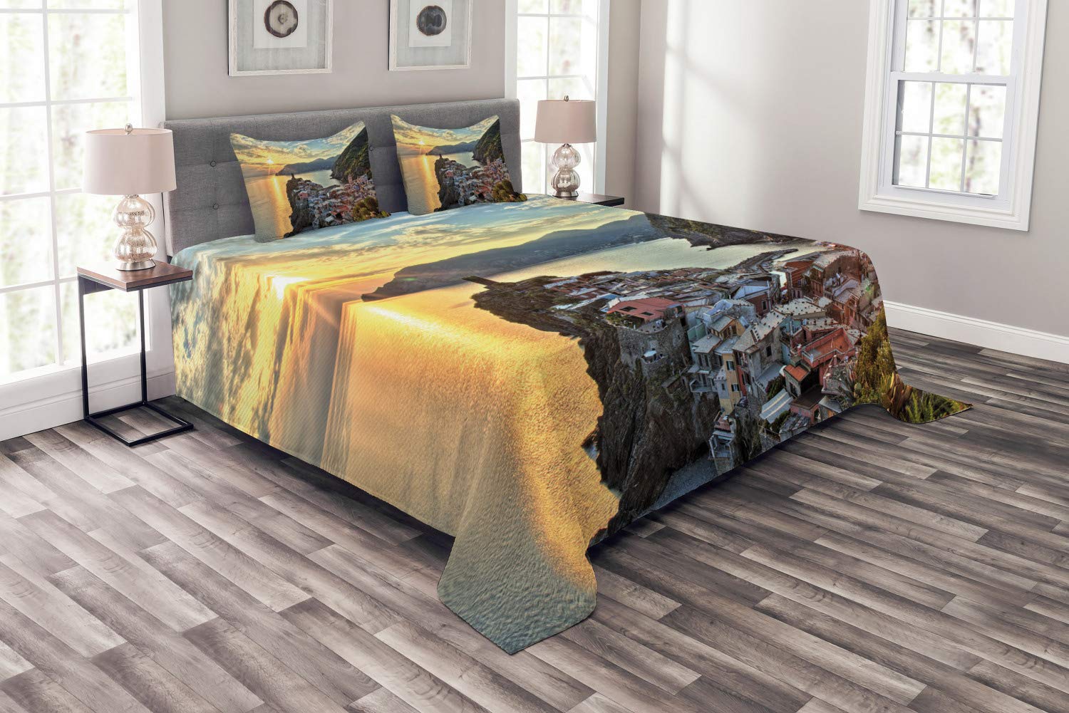 Ambesonne Vernazza King Size 3-Piece Bedspread Set - Sunrise Photo of Italian Mediterranean Coastal Village on Cliffs, Decorative Quilted Coverlet with 2 Pillow Shams, Multicolor | Perfect for Coastal & Boho Bedroom Decor, Guest Room Makeover