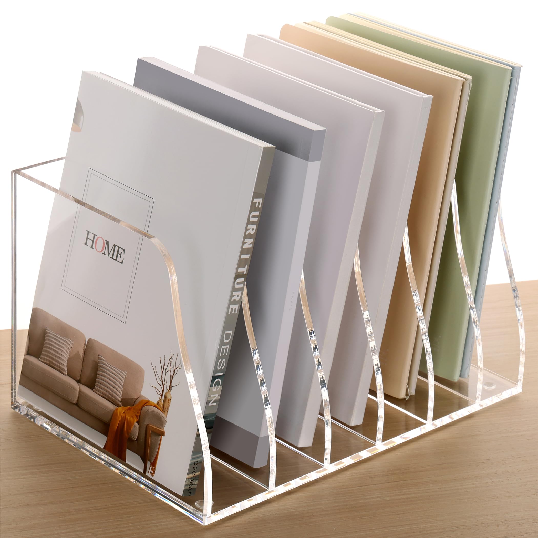 SANRUI Clear Acrylic Desk File Organizer - 6 Vertical Compartments Magazine Holder, Office Document Organizer for Papers, Folders & Stationery - Perfect for Workspace, Home Office & School Organization
