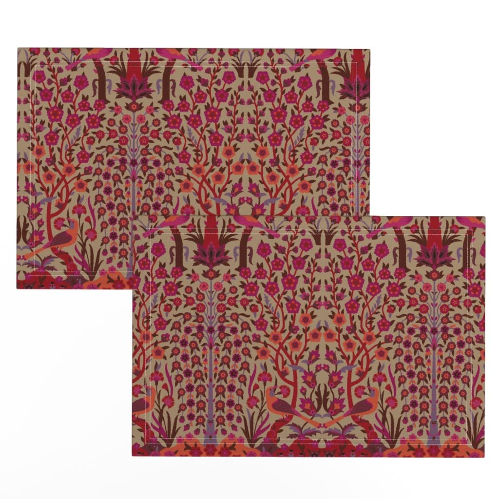 Premium Linen Cotton Canvas Placemats Set of 2 - Red Renaissance Medieval Garden Vintage Style Damask Moroccan Print Table Mats | Perfect for Dining Room Decor, Holiday Table Settings & Rustic Farmhouse Kitchen
