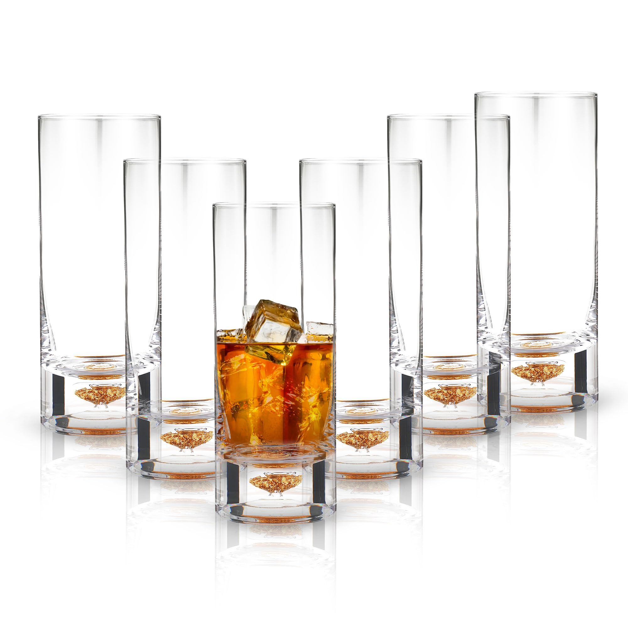 Premium 8.5oz Highball Glasses Set of 6 - Elegant Gold Flake Cocktail & Tom Collins Drinking Glasses for Whiskey, Gin, Iced Tea & Party Entertaining - Dishwasher Safe Barware