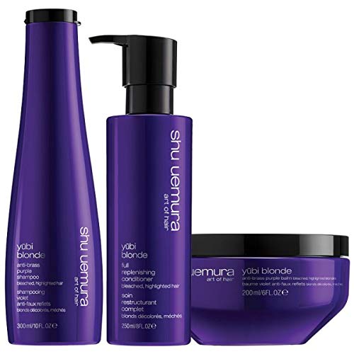 Shu Uemura Yubi Blonde Anti-Brass Purple Shampoo 300ml + Replenishing Conditioner 250ml + Purple Balm 200ml Set for Blonde & Highlighted Hair – Salon-Quality Brass Neutralizing & Color Care for Home Use