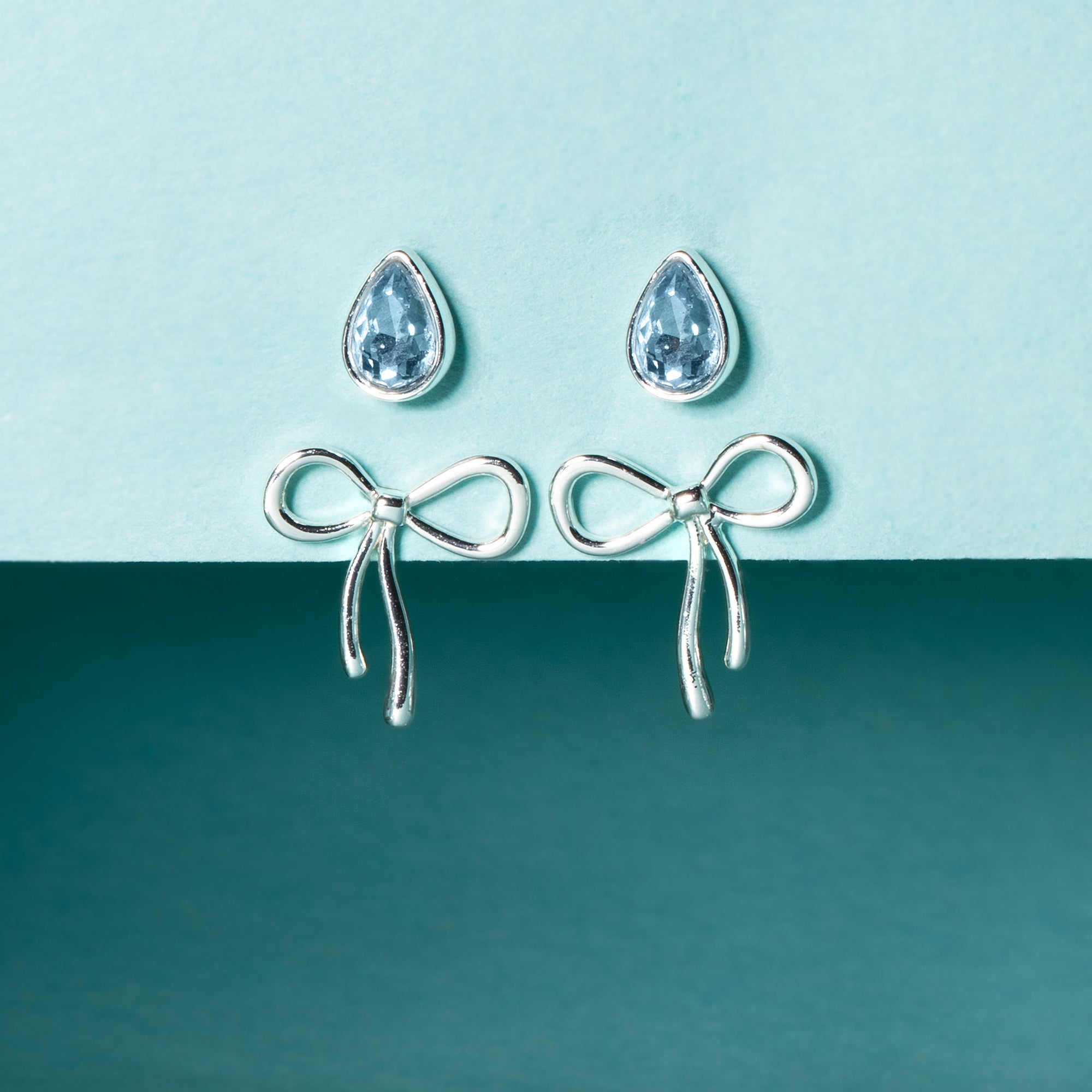 Bow & Teardrop Stud Earring Set - Elegant Silver Jewelry for Women | Perfect for Parties, Weddings & Everyday Wear