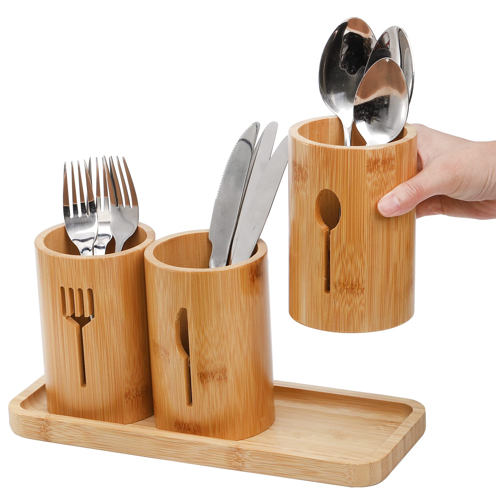 Lyellfe Bamboo Silverware Holder & Utensil Organizer with Tray - Rustic Farmhouse Kitchen Cutlery Storage for Spoons, Knives, Forks - Perfect for Home Kitchen & Restaurant Dining (Durable & Stylish Countertop Solution)