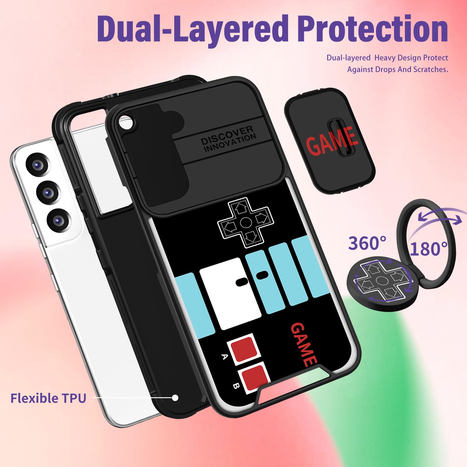 2-in-1 Samsung Galaxy S22 Case with Camera Cover & Ring Stand - Cute Cartoon Design for Women, Men, Teens & Kids - Perfect for Gaming, Work & Everyday Protection