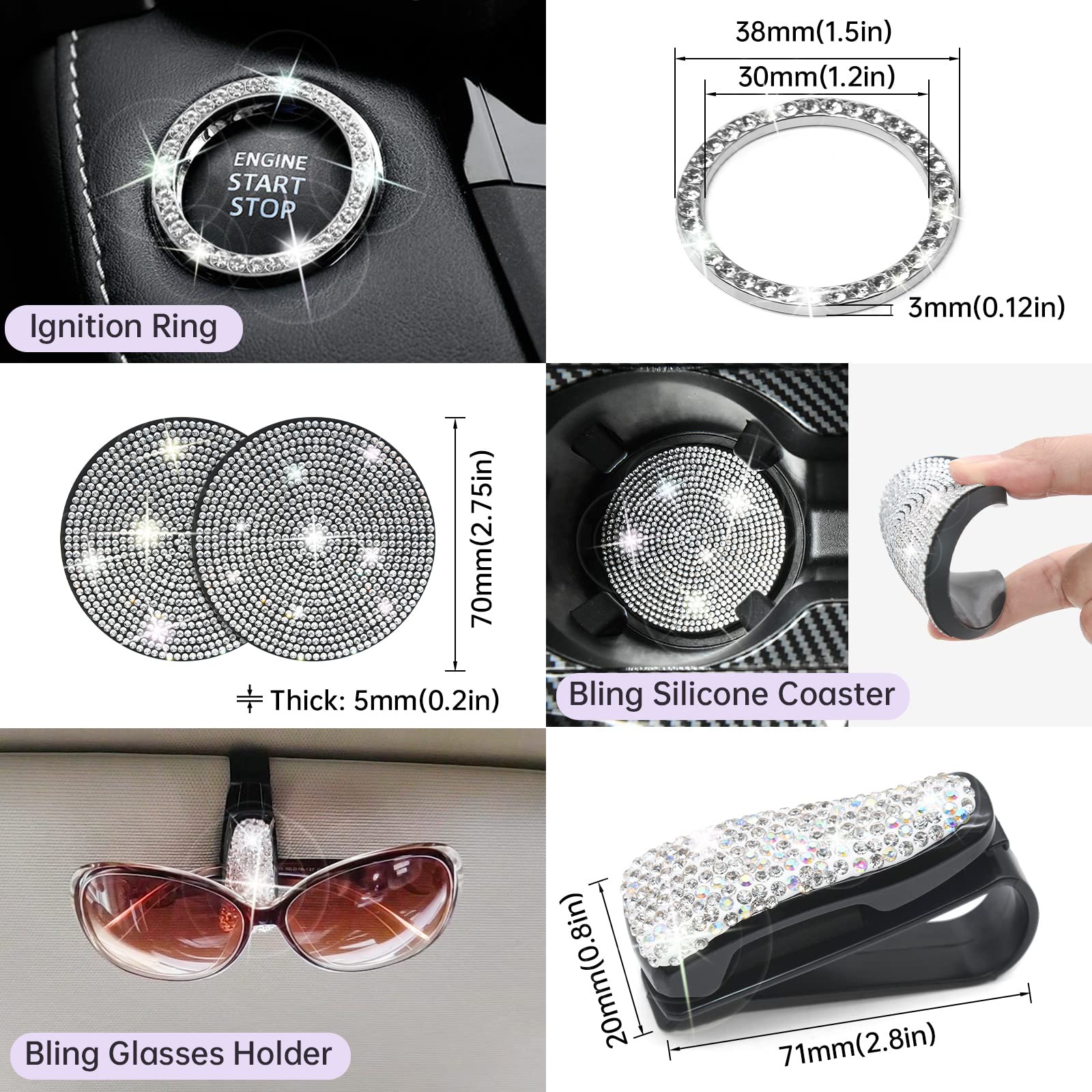 ARTILAURA 19-Piece Bling Car Accessories Kit for Women - Rhinestone Steering Wheel Cover, Seat Belt Pads, Gear Shift Cover, Phone Holder & Cup Coasters - Glamorous Auto Interior Decor (White) | Perfect for Daily Commute, Road Trips & Gift Giving