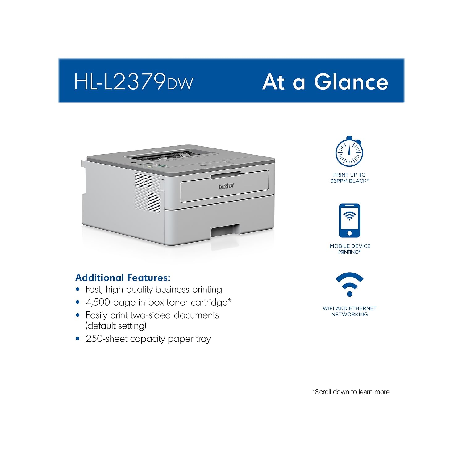 Brother HL-L2379DW Wireless Monochrome Laser Printer with Duplex Printing | Fast 36ppm | High Yield Toner | Works with Mac/PC | Ideal for Home Office & Small Business Printing Needs