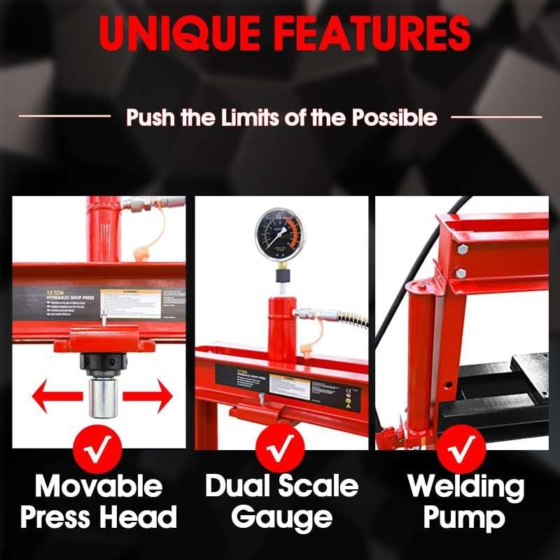 12 Ton (24,000 lb) Capacity Torin ATY12001B-1 H-Shape Hydraulic Bench Press with Stamping Plates - Heavy Duty Garage & Shop Tool for Metalworking, Automotive Repair, and DIY Projects (Red)
