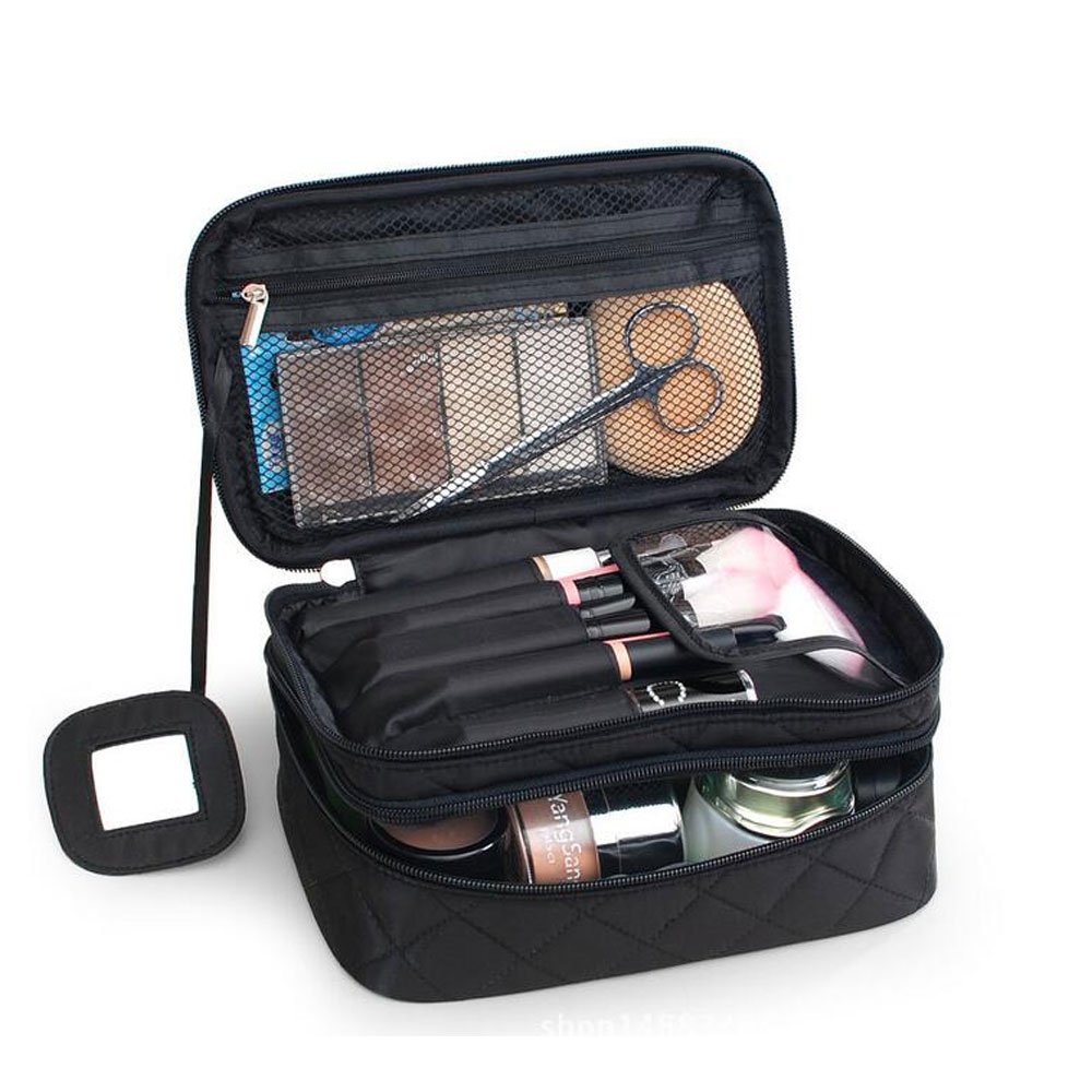 ONEGenug Double Layer Makeup Bag with Mirror for Women - 20 x 12 x 8 cm Travel Cosmetic Organizer (Black, Medium/Large) - Perfect for Travel, Gym & Daily Beauty Essentials