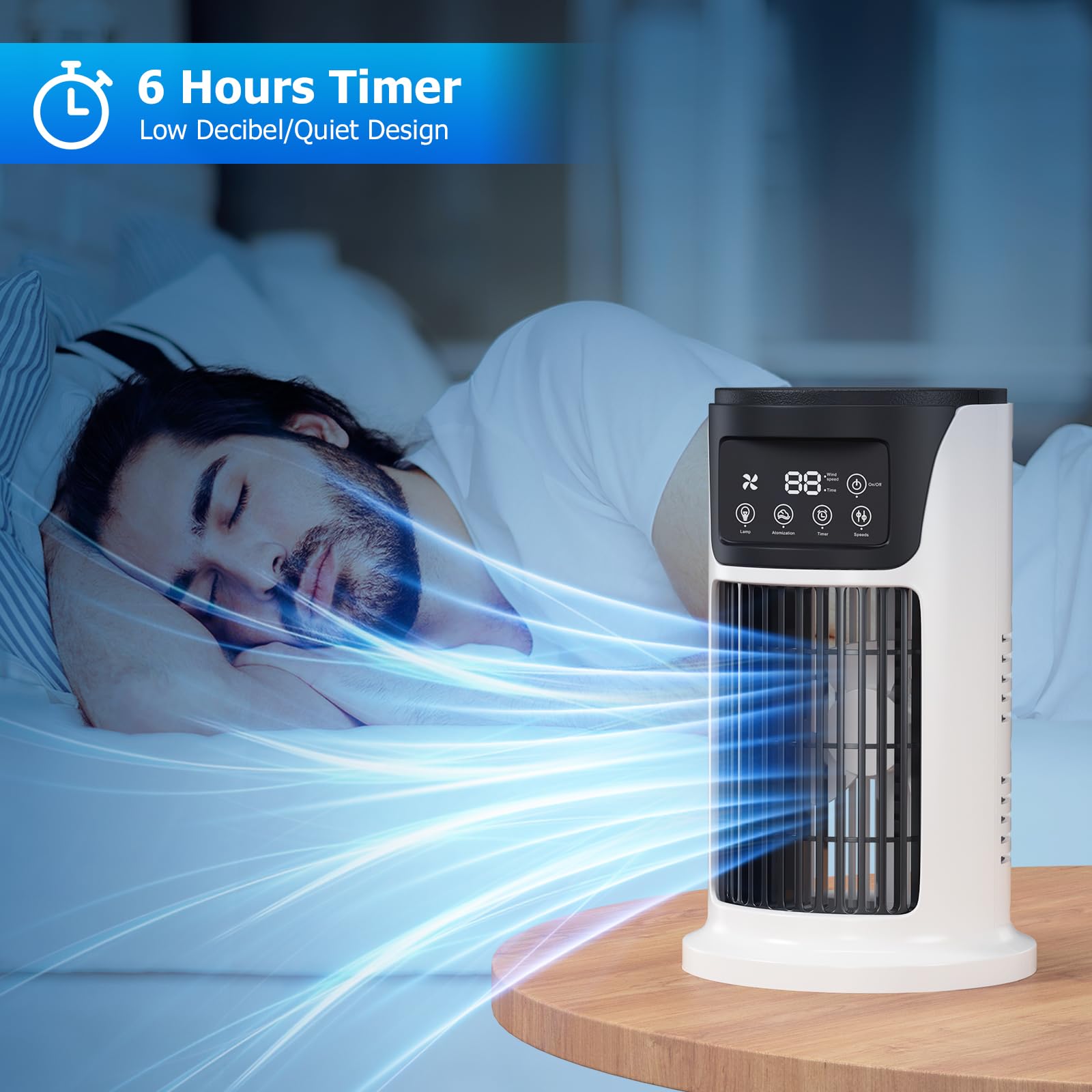 MAXROCK Portable Air Conditioner Fan - 6-Speed Mini AC Cooler with 7-Color LED Lights & Timer | Personal Desk Cooling Fan for Home, Office, Dorm & Travel Use