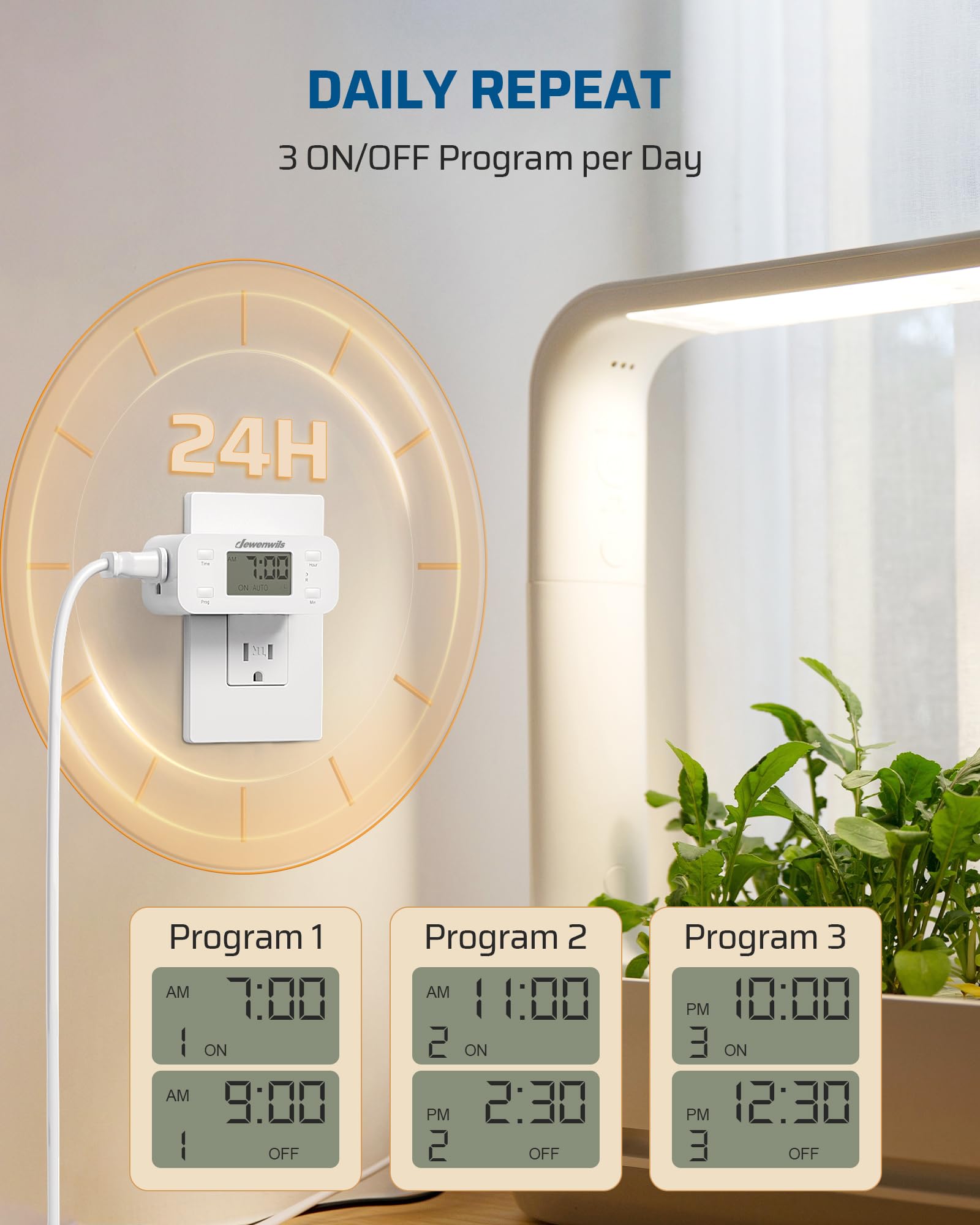 DEWENWILS 24-Hour Programmable Digital Timer Outlet - Indoor Electrical Outlet Timer for Lamps, Fans, Aquariums - 125V/15A/1000W, 3-Prong, 1/2 HP - Perfect for Home, Office, and Holiday Lighting Control (1 Pack)