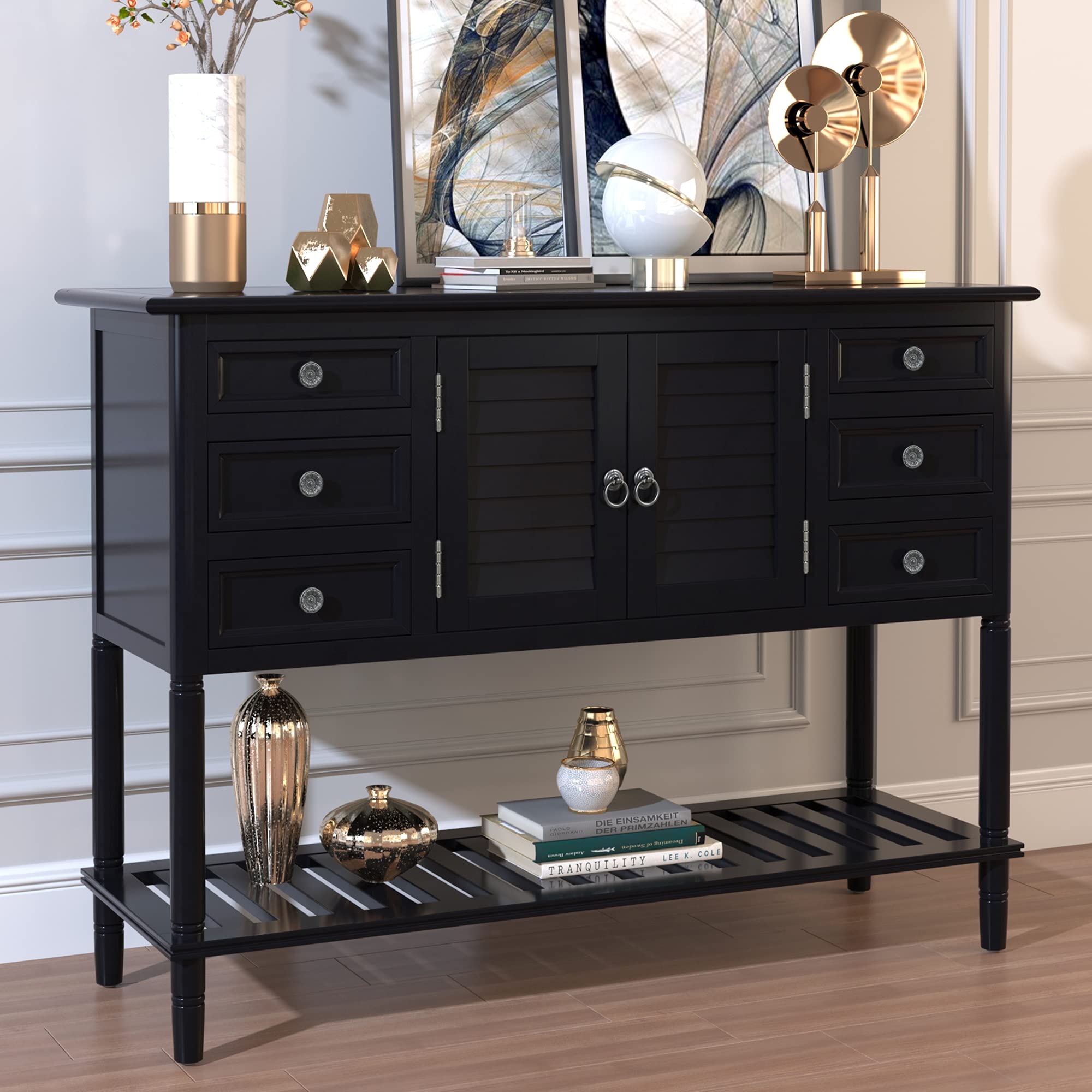 Black Console Table with Drawers & Storage Shelf - Entryway Sofa Table for Living Room, Hallway, Kitchen - Easy Assembly Home Furniture for Small Spaces & Apartment Decor