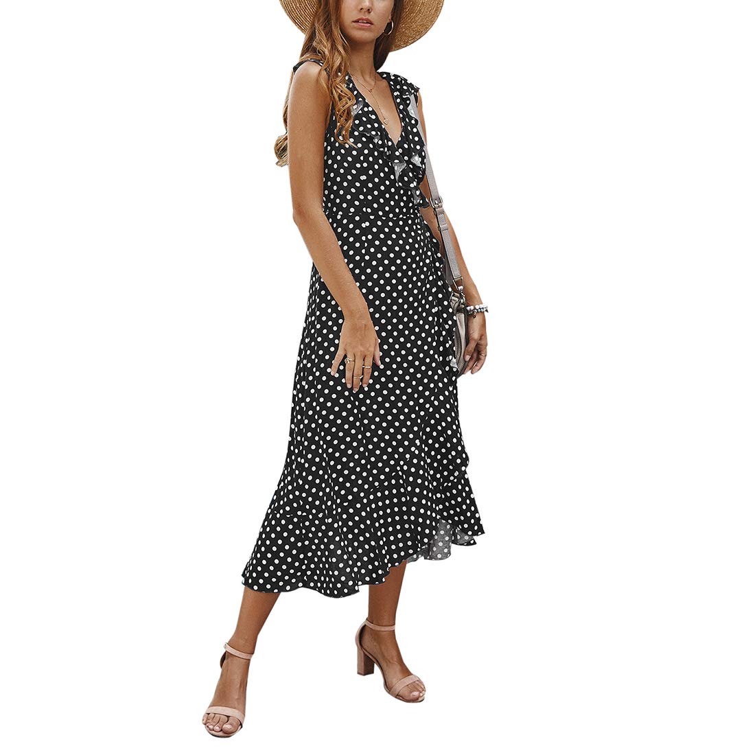 Women's Summer Sleeveless Polka Dot Wrap Dress - Floral Ruffle V-Neck Midi Dress with Tie Belt | Beach Vacation, Date Night & Casual Outfit