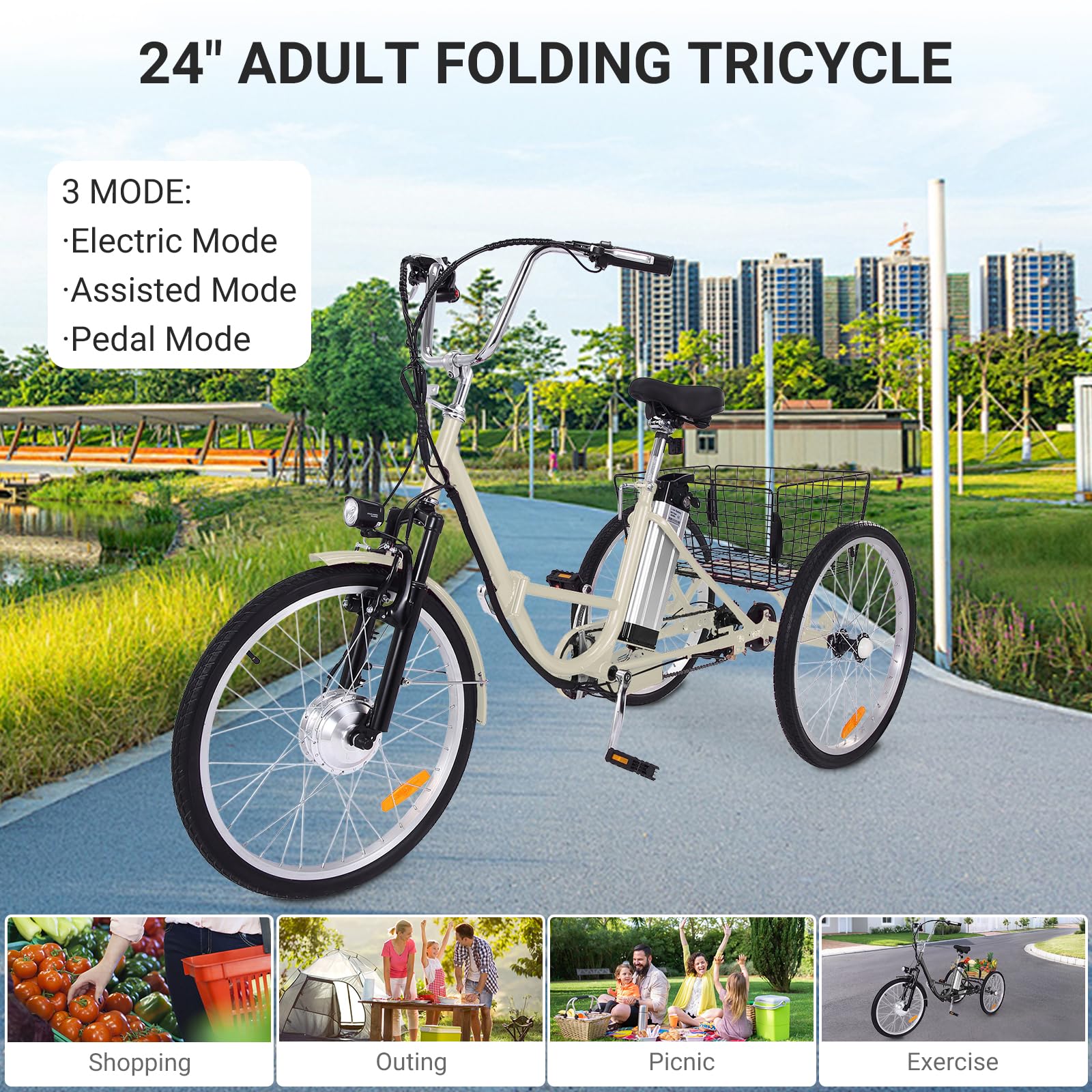 GARVEE 26 Inch Adult Electric Tricycle - Foldable 7-Speed E-Trike with Basket, 36V Removable Battery & 250W Brushless Motor - Commuter & Leisure Ride for Men & Women (Beige) - Perfect for Grocery Shopping, Senior Mobility & Urban Commuting