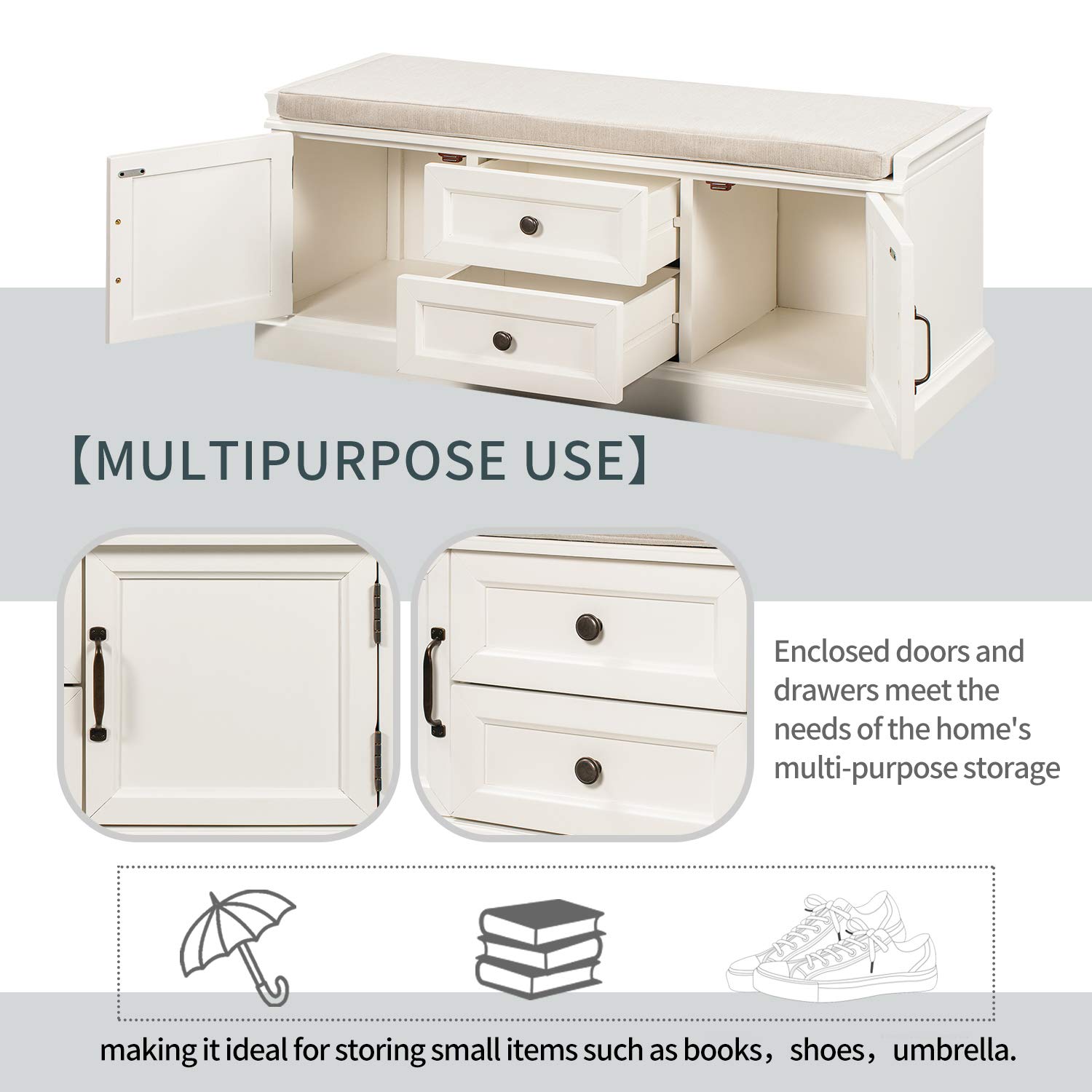 LZ LEISURE ZONE Storage Bench with 2 Drawers & 2 Cabinets - White Entryway Bench with Shoe Storage for Living Room, Hallway, Bedroom - Perfect for Organizing Shoes, Hats & Home Decor