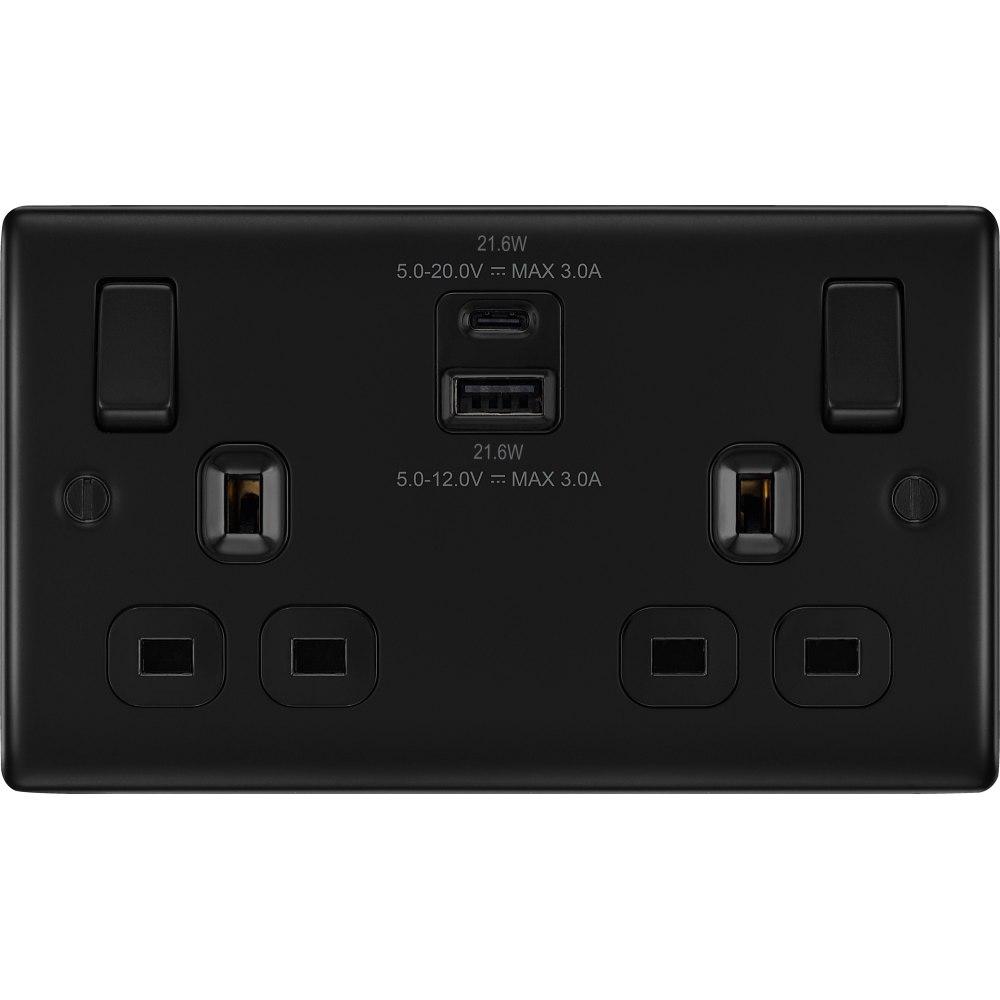 BG Nexus Metal Matt Black 13A Double USB Socket with 22W A+C Fast Charging - NFB22UAC22B - Perfect for Home, Office & Hotel Room Charging Stations