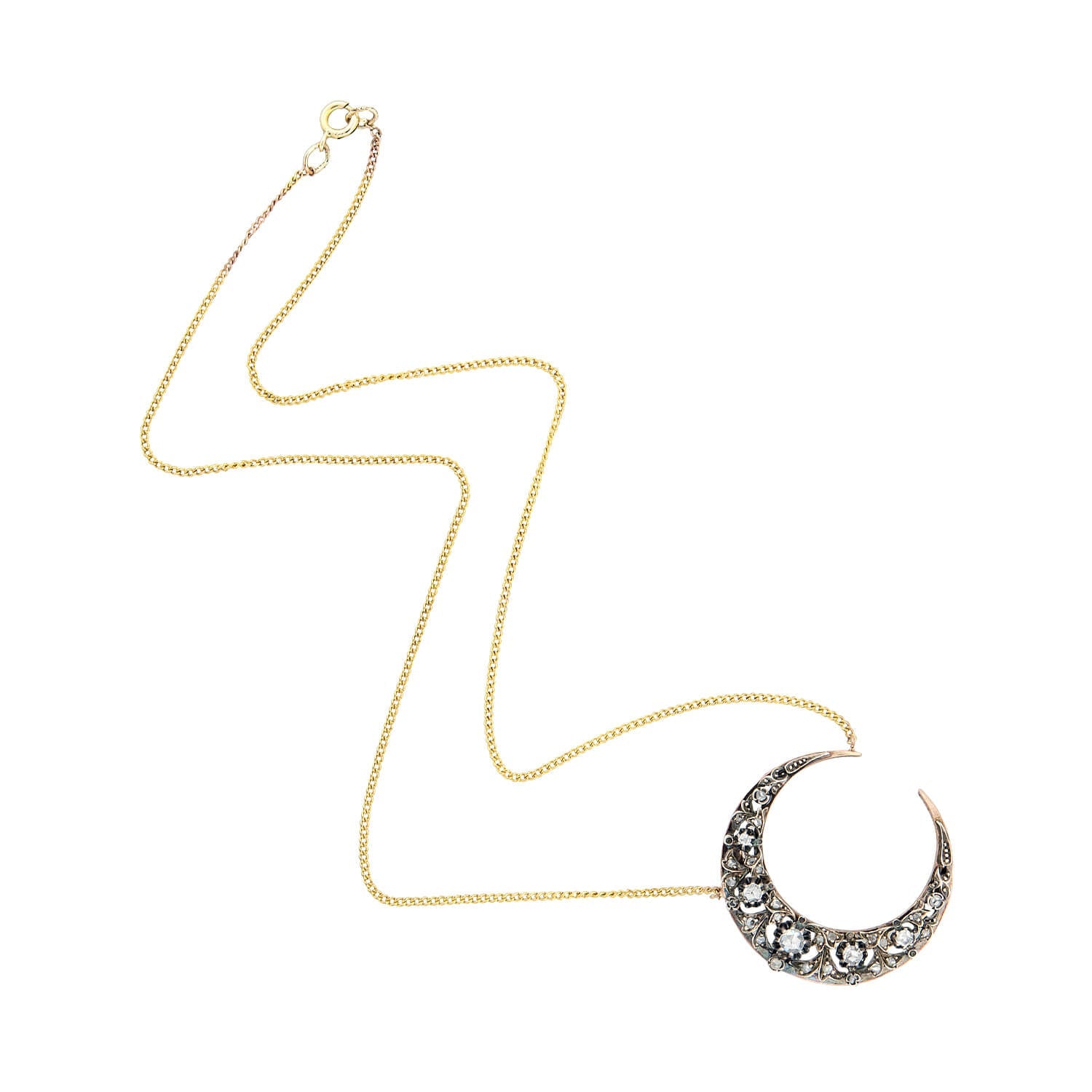 18K Gold & Sterling Silver Victorian Rose Cut Diamond Crescent Moon Necklace – Elegant Vintage Jewelry for Weddings, Parties & Special Occasions