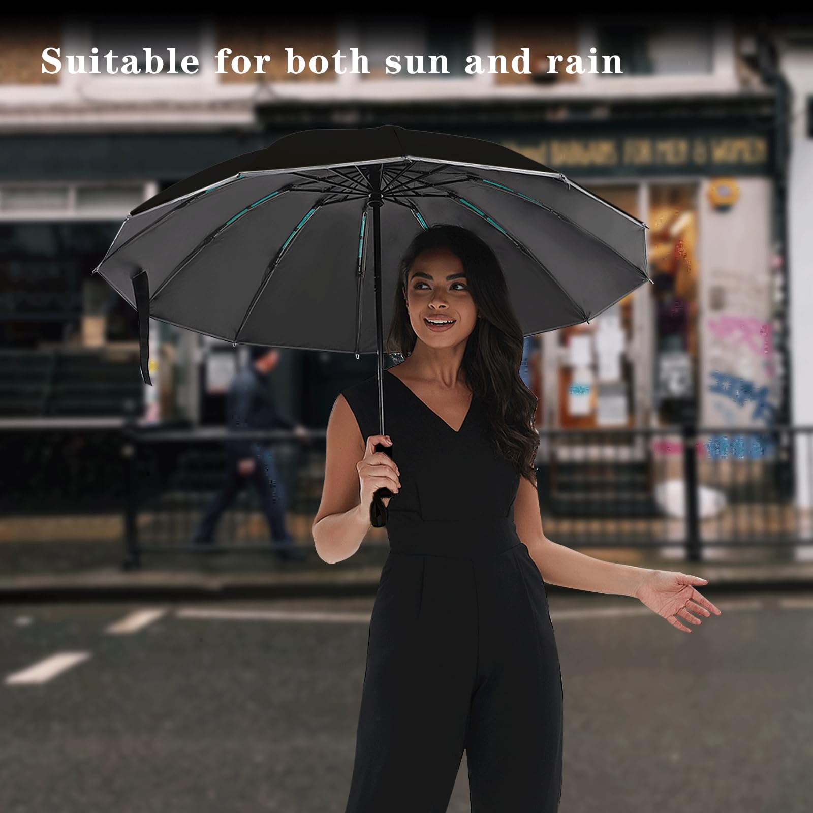 Large Double-Ribs Windproof Umbrella with Reflective Strips - Automatic Reverse Folding Compact Travel Umbrella for Rain & Sun Protection - Perfect for Commuting, Walking Dogs & Outdoor Activities