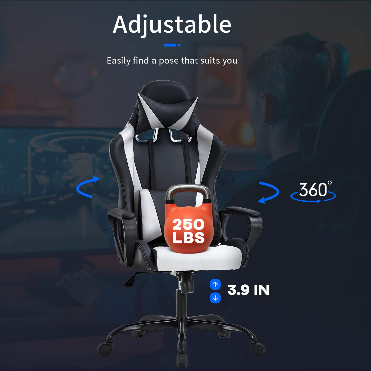Ergonomic Gaming Chair with Massage & Lumbar Support - High Back PU Leather Racing Style Office Chair with Adjustable Headrest & Arms - Swivel Rolling Computer Desk Chair for Adults & Teens - Perfect for Gaming, Home Office & Workstations (White)
