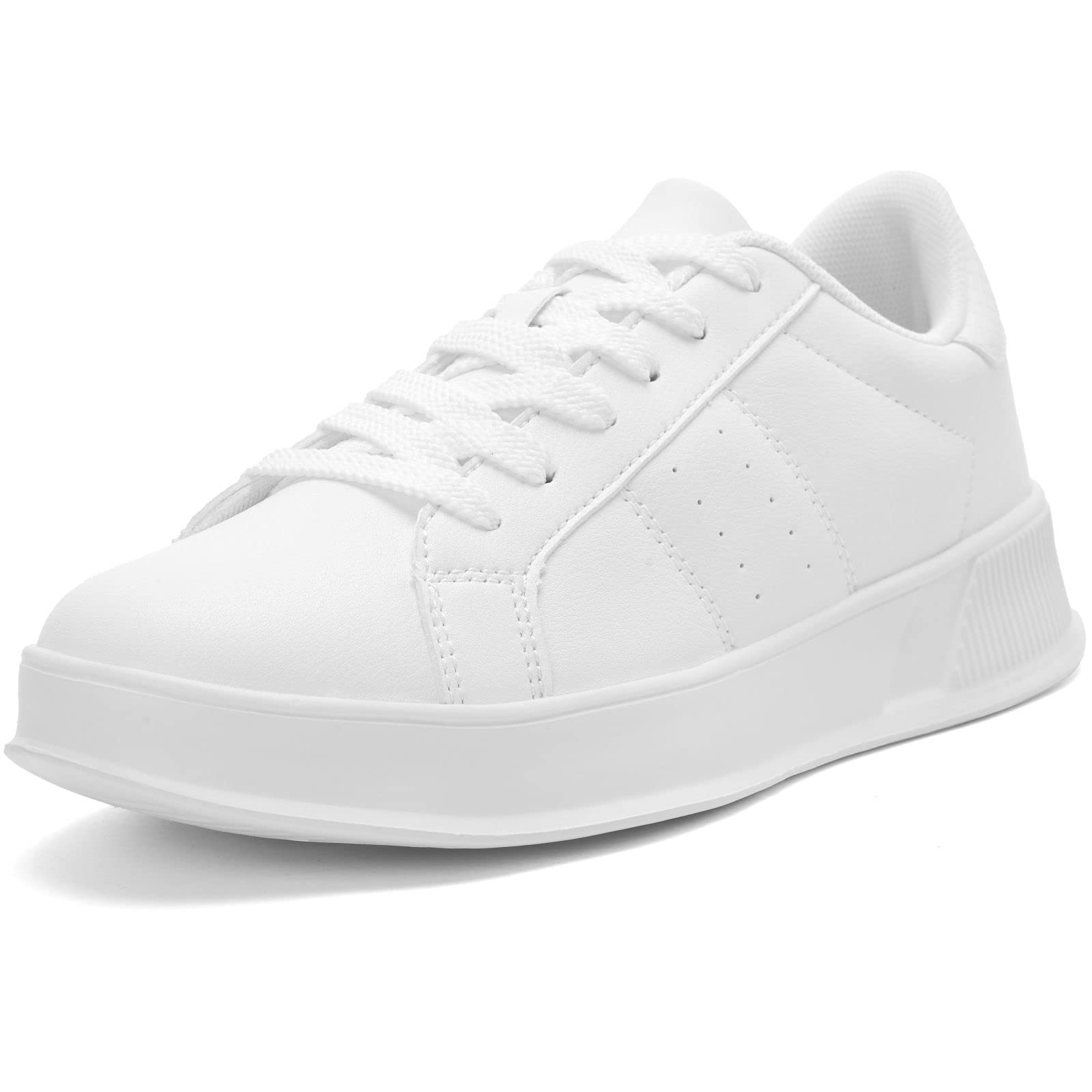 Women's Lightweight White Sneakers - Classic Leather Platform Walking & Tennis Shoes | Comfortable Lace-Up Casual Fashion Footwear for Everyday Wear, Gym, and Outdoor Activities