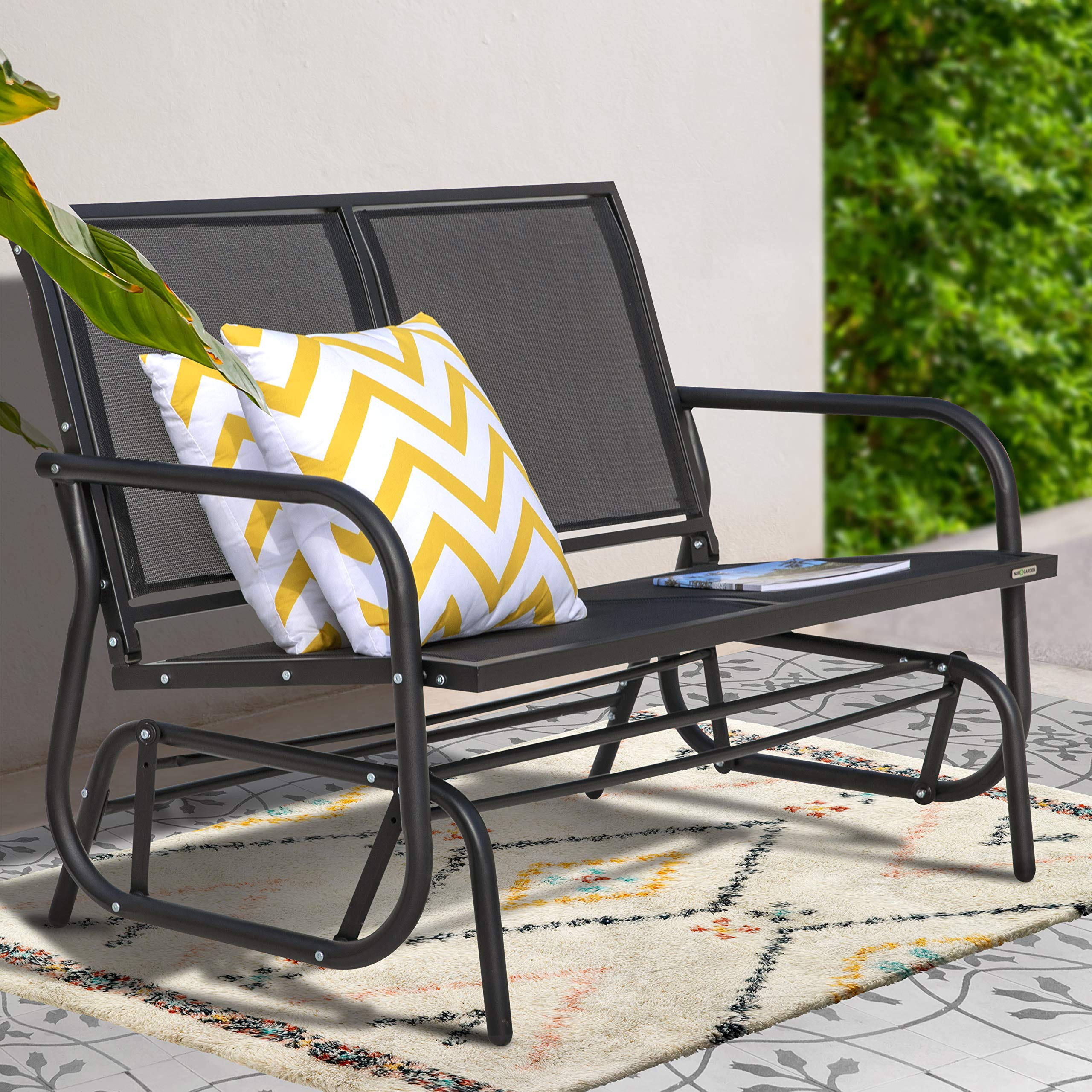 NUU GARDEN 2-Seat Outdoor Glider Bench - Patio Swing Chair with Powder-Coated Steel Frame & Breathable Fabric - Weather-Resistant Black Loveseat for Porch, Garden, or Backyard Relaxation