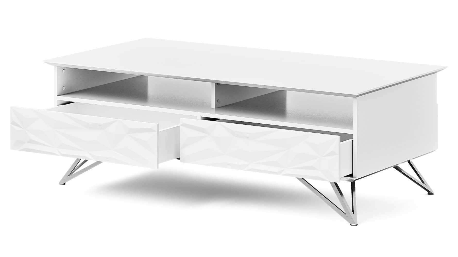 Modern 2-Drawer Vortice Coffee Table - Glossy White Finish with Polished Stainless Steel Legs by ZURI Furniture | Perfect for Living Room, Office & Small Spaces