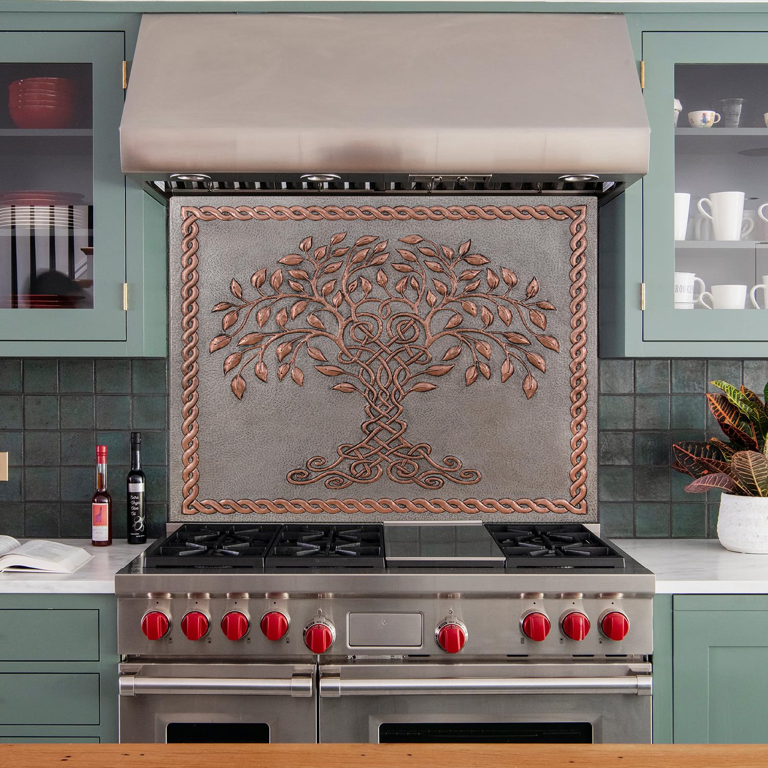 Handmade Celtic Tree of Life Copper Kitchen Backsplash Tile with Knot Border - Custom Indoor Outdoor Wall Decor for Kitchen, Bathroom & Patio (Gray & Copper)