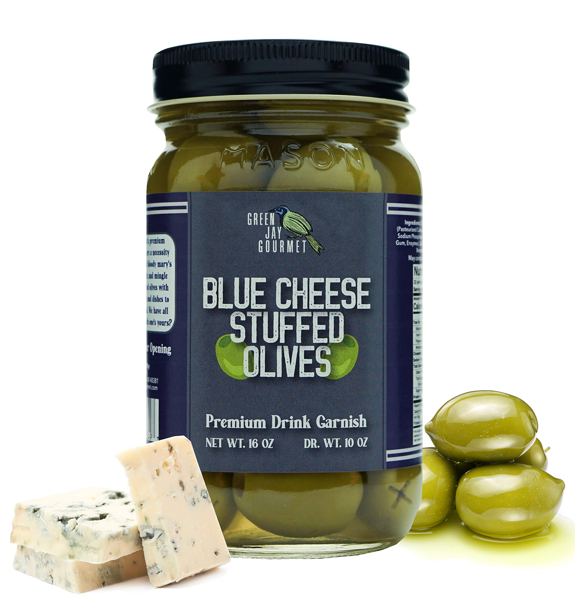 Green Jay Gourmet Blue Cheese Stuffed Olives - Premium Cheese Filled Green Olives for Cocktails, Charcuterie Boards & Dirty Martinis - All Natural Large Gourmet Olives (16oz) - Perfect for Party Appetizers, Holiday Gifts & Gourmet Cooking