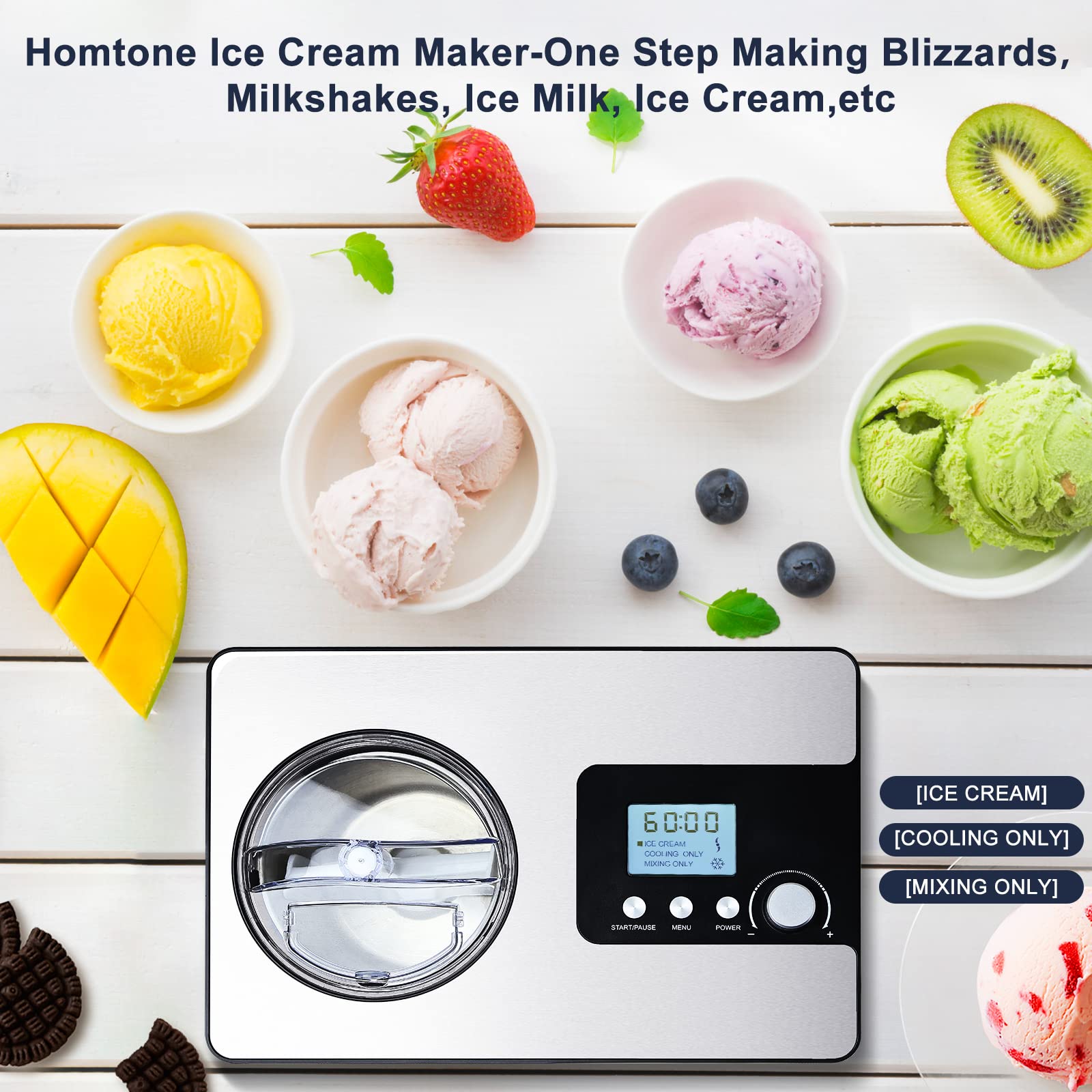 Homtone 2.1 Quart Automatic Ice Cream Maker with Built-in Compressor & LCD Timer - No Pre-Freezing Required, Makes Ice Cream & Gelato in 30-60 Minutes | Perfect for Home Kitchens, Parties & Summer Treats