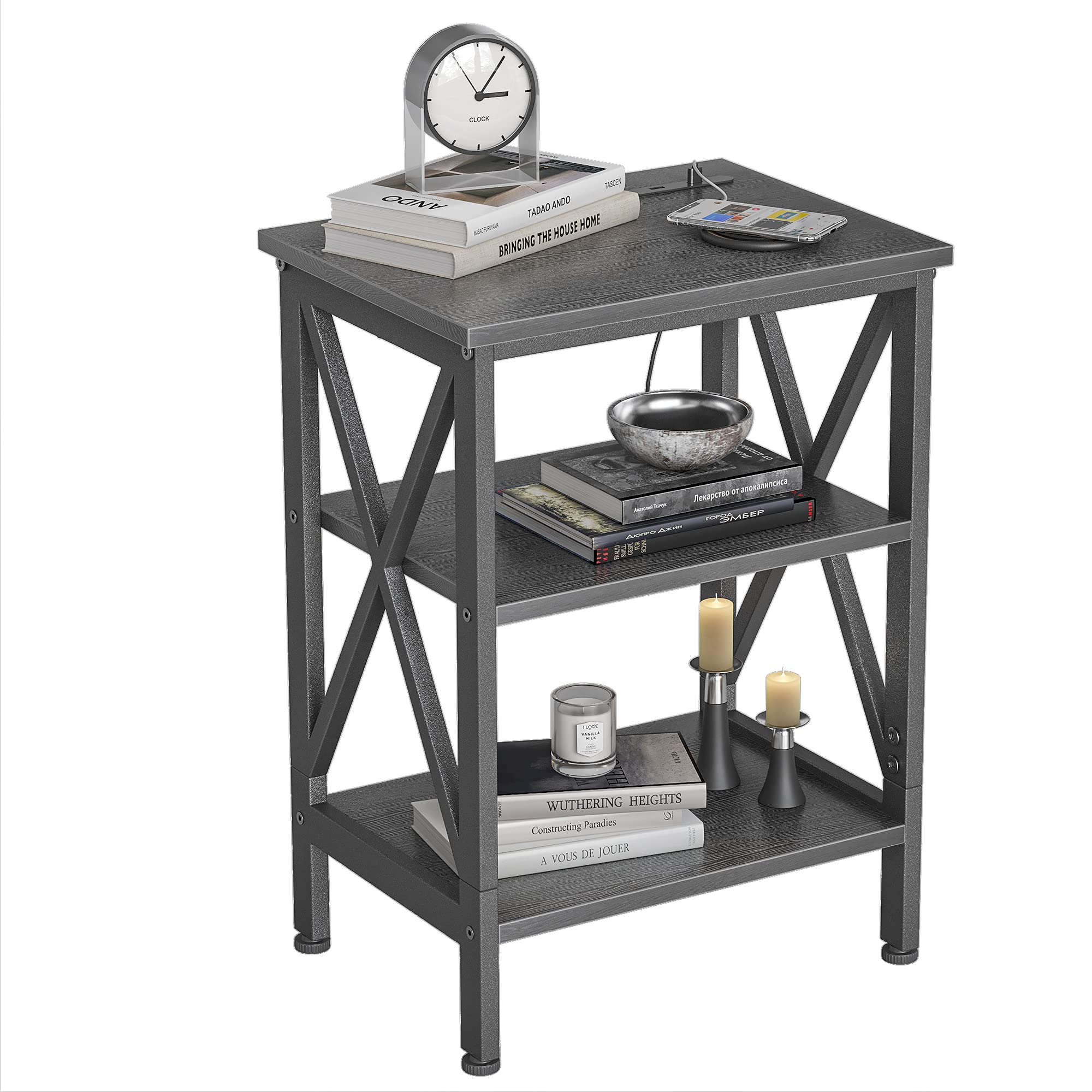 CubiCubi Oxford Side Table with Dual USB Charging Ports - Steel Frame Nightstand with Wooden Shelves, Rustic Black End Table for Living Room & Bedroom | Perfect for Charging Devices, Holding Lamps, Books & Decor