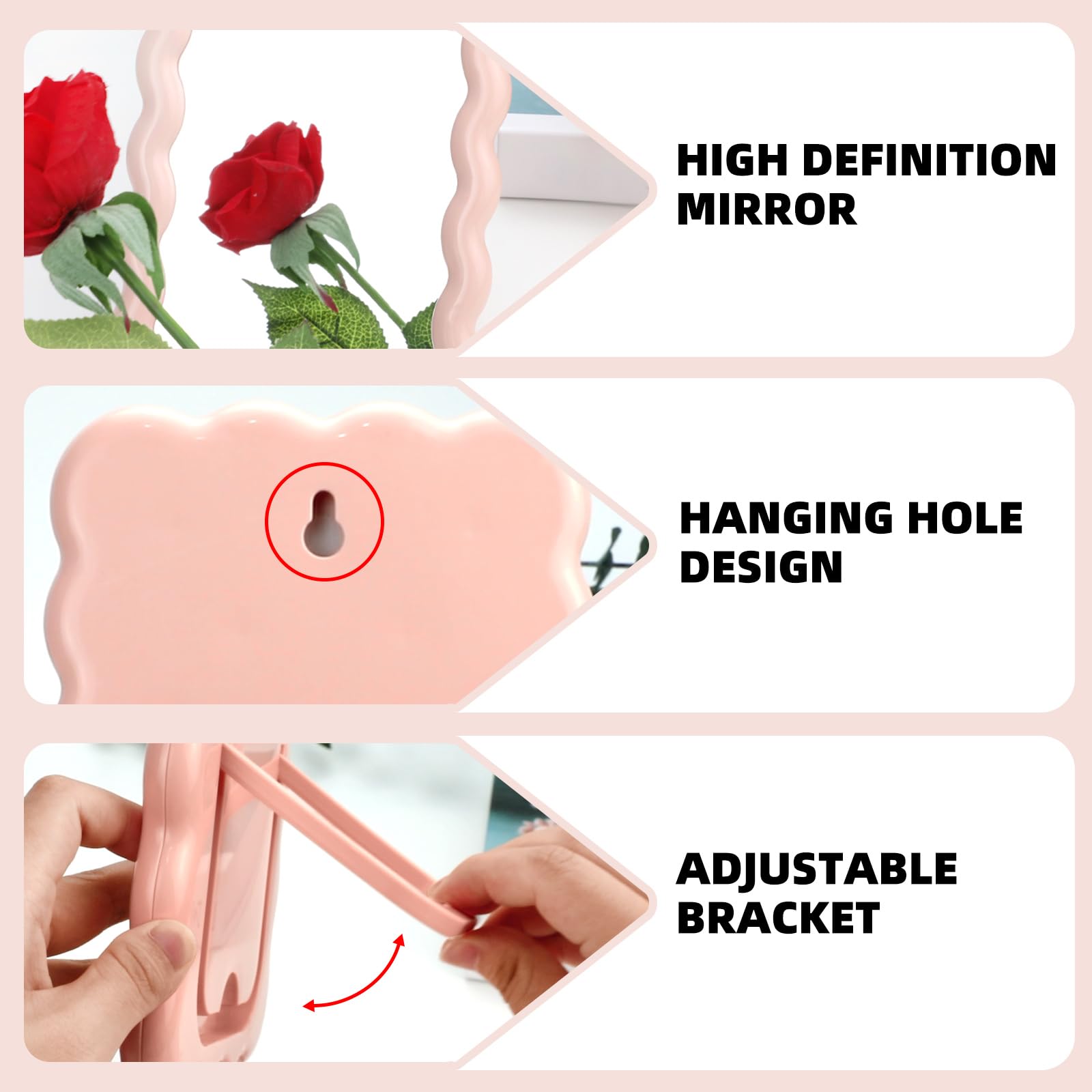 Wave Shaped Vanity Mirror - Portable Folding Makeup Mirror for Travel & Home (6.7X5.3 Inch, Pink) - Perfect for Bedroom & On-the-Go Touch Ups