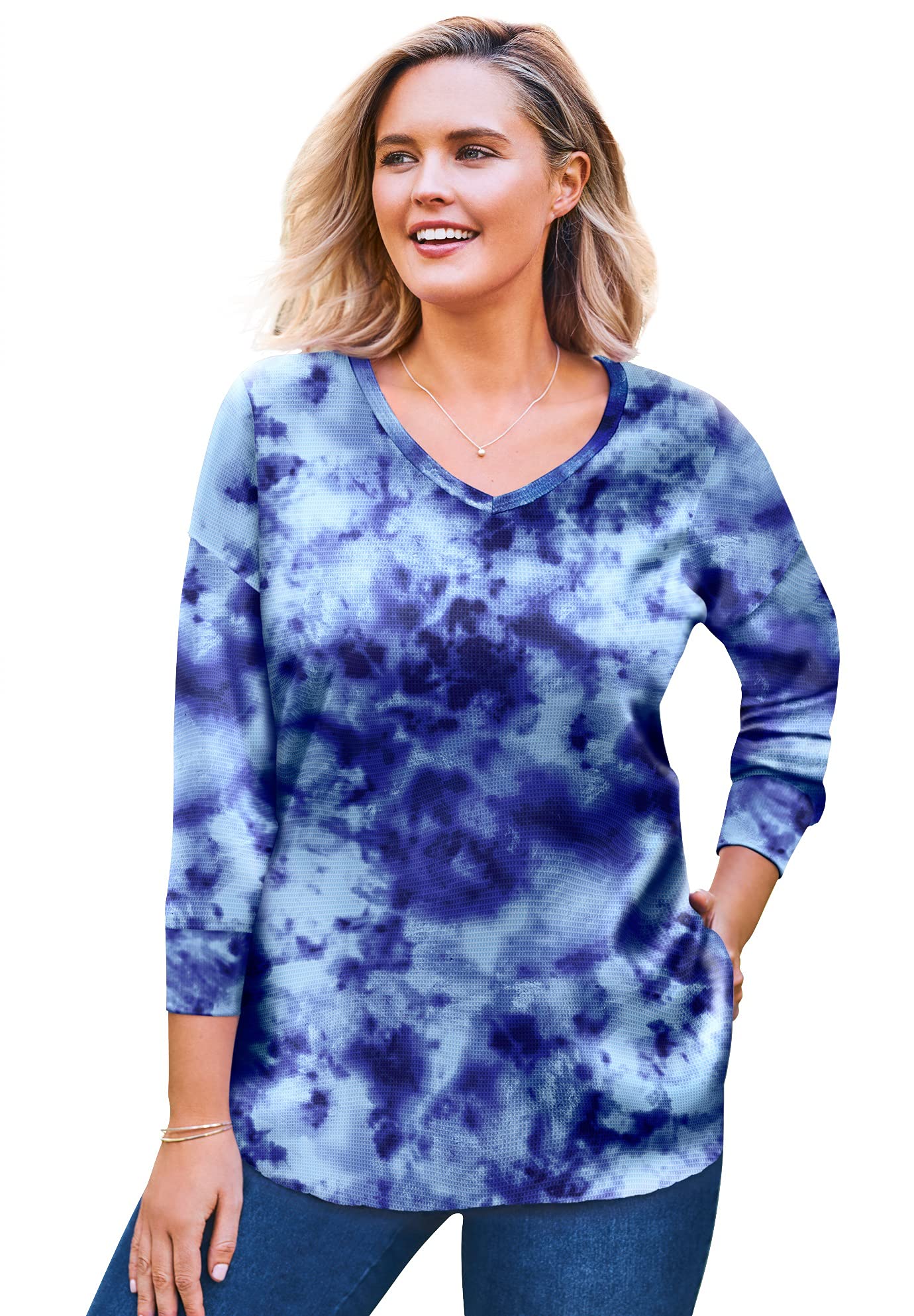 Woman Within Women's Plus Size Washed Thermal Waffle V-Neck Tee Shirt | Soft & Comfortable Long Sleeve Top for Casual Wear, Layering & Cold Weather