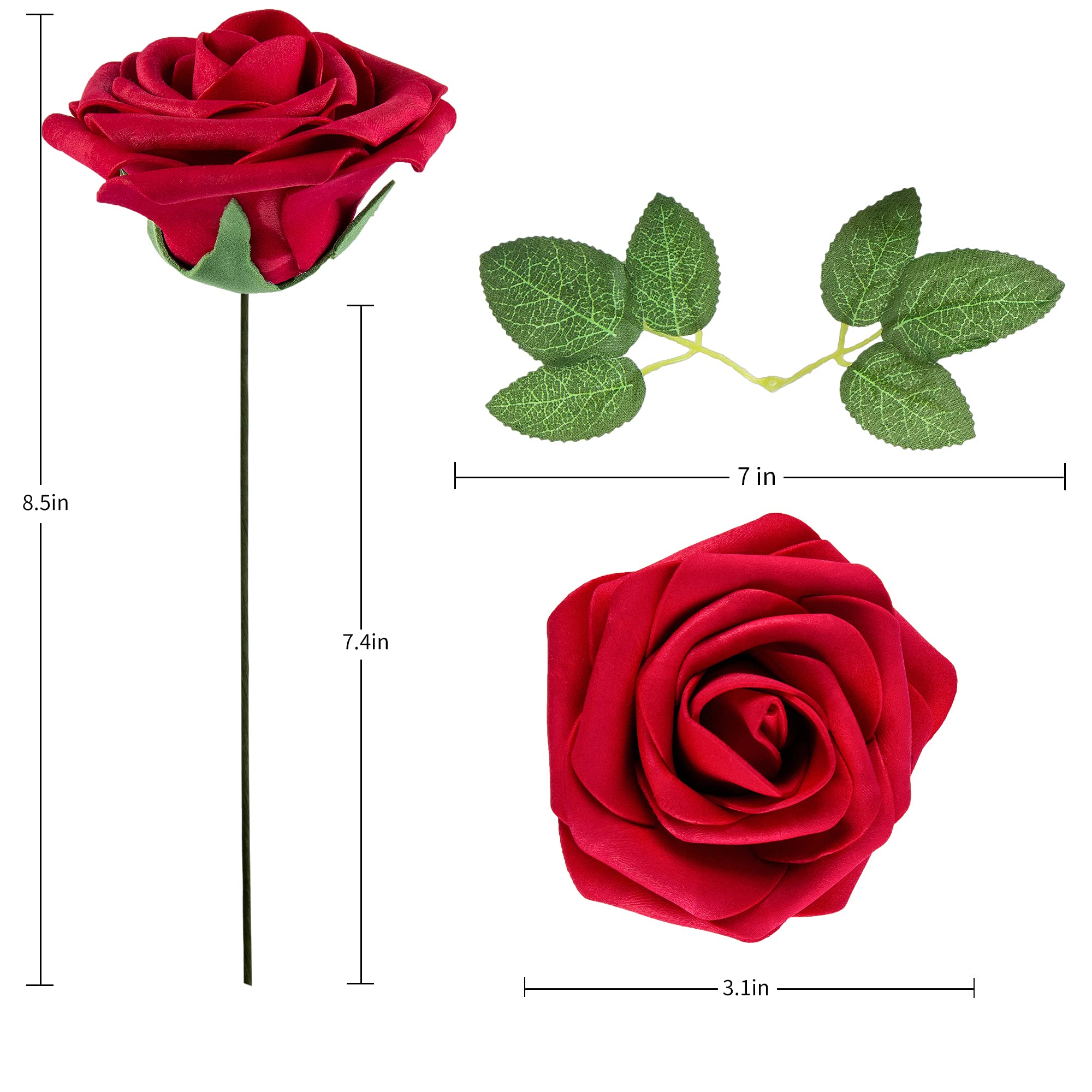 25pcs Realistic Artificial Foam Roses with Stems & Leaves - Dark Red Fake Flowers for Home Decor, Wedding Bouquets, Party Centerpieces, DIY Crafts, Garden Arrangements - Perfect for Valentine's Day, Anniversaries & Table Decorations