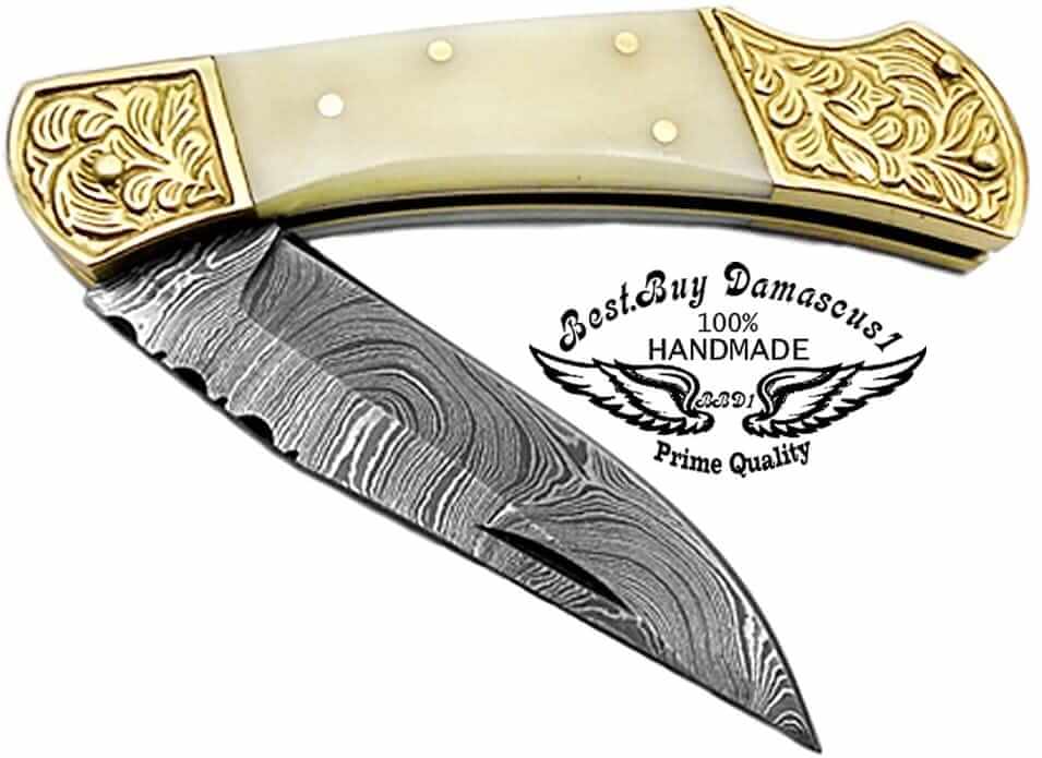 Handmade Damascus Folding Pocket Knife with Camel Bone Handle - 7.5