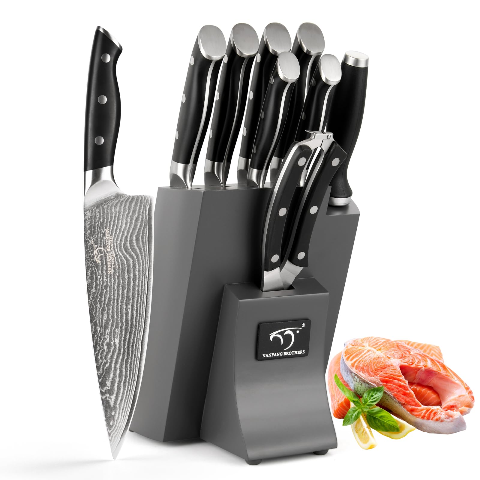 Premium 9-Piece Damascus Steel Knife Set with Block - Chef Knives, Sharpener & Shears - Ergonomic ABS Handle for Professional Cooking - Perfect for Home Chefs & Culinary Enthusiasts - Ideal for Meat Cutting, Vegetable Prep & Kitchen Tasks