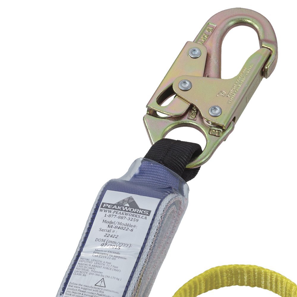 Peakworks 6 ft Double Leg Safety Lanyard with Shock Absorber - Fall Protection Equipment with Snap Hook & 2 Rebar Hooks - OSHA Compliant Black/Green Safety Harness (V8104426) - Ideal for Construction, Roofing & Industrial Work at Heights