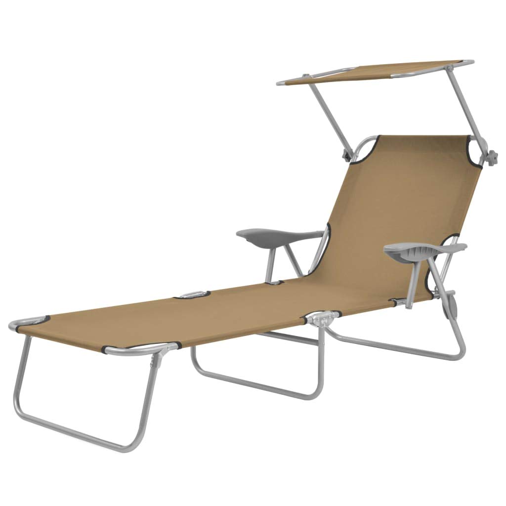 Adjustable Folding Sun Lounger with Canopy - Steel Taupe Recliner Chair with Armrest for Patio, Poolside, Beach, Backyard & Lawn - Perfect for Outdoor Relaxation, Sunbathing and Vacation Use